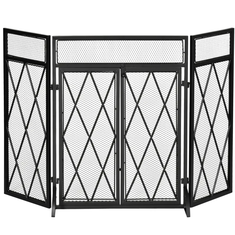 3-Panel Folding Fireplace Screen for Wood Burning with Double Doors, Home Heavy Duty Steel Fire Spark Guard, 47.25" W x 31" H, Black