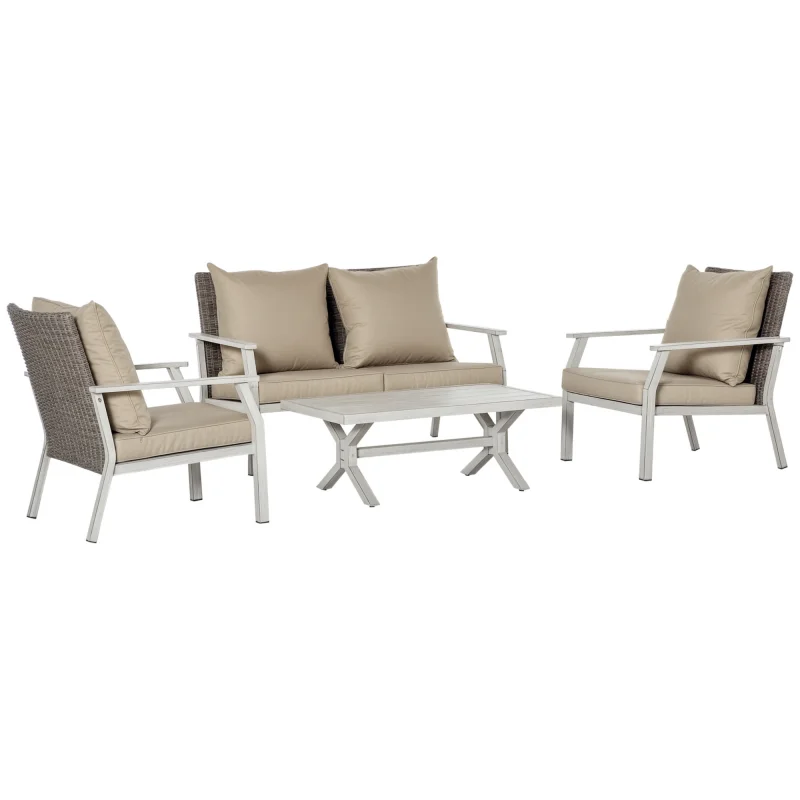  4 Pieces Patio Furniture Set with Cushions, Outdoor Wicker Conversation Sofa Sets, Aluminum Frame Sofa Sets for Backyard, Poolside, Garden, Beige