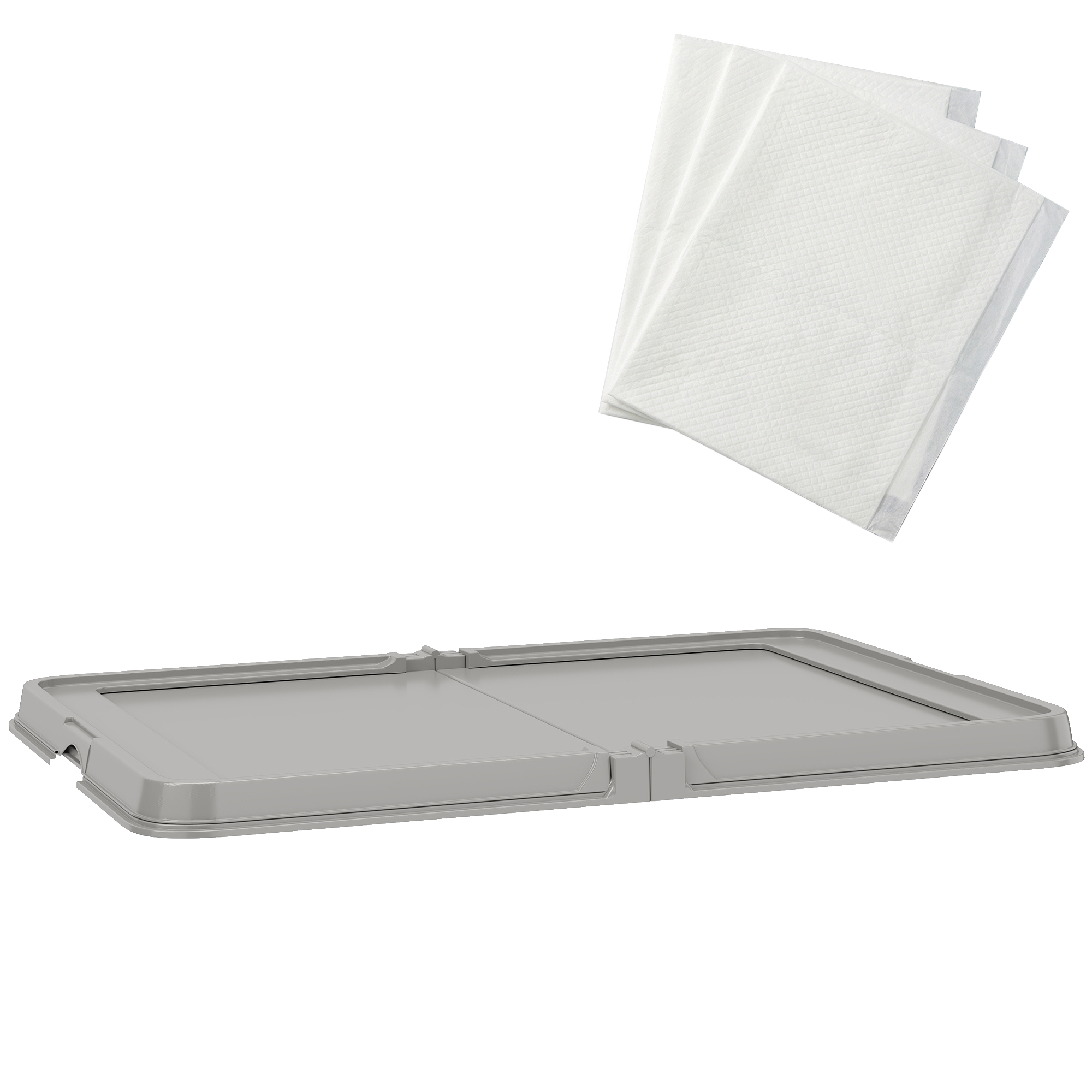 Pee Pad Holder Foldable Dog Litter Box with 3 Disposable Pads, 33.9" x 24.4", Gray