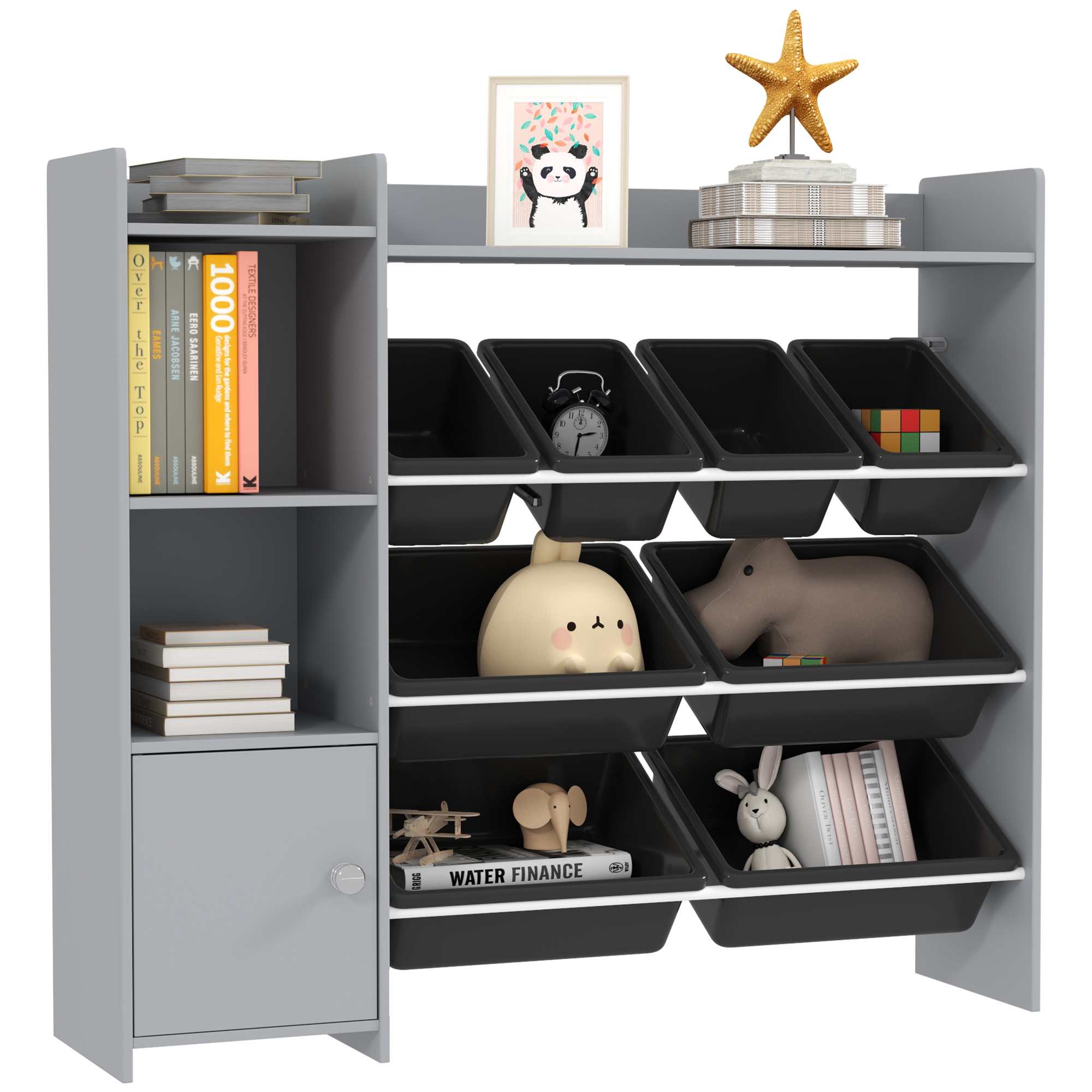 Toy Storage Organizer with 8 Bins, 2 Storage Cubbies, Shelf, Drawer, Gray
