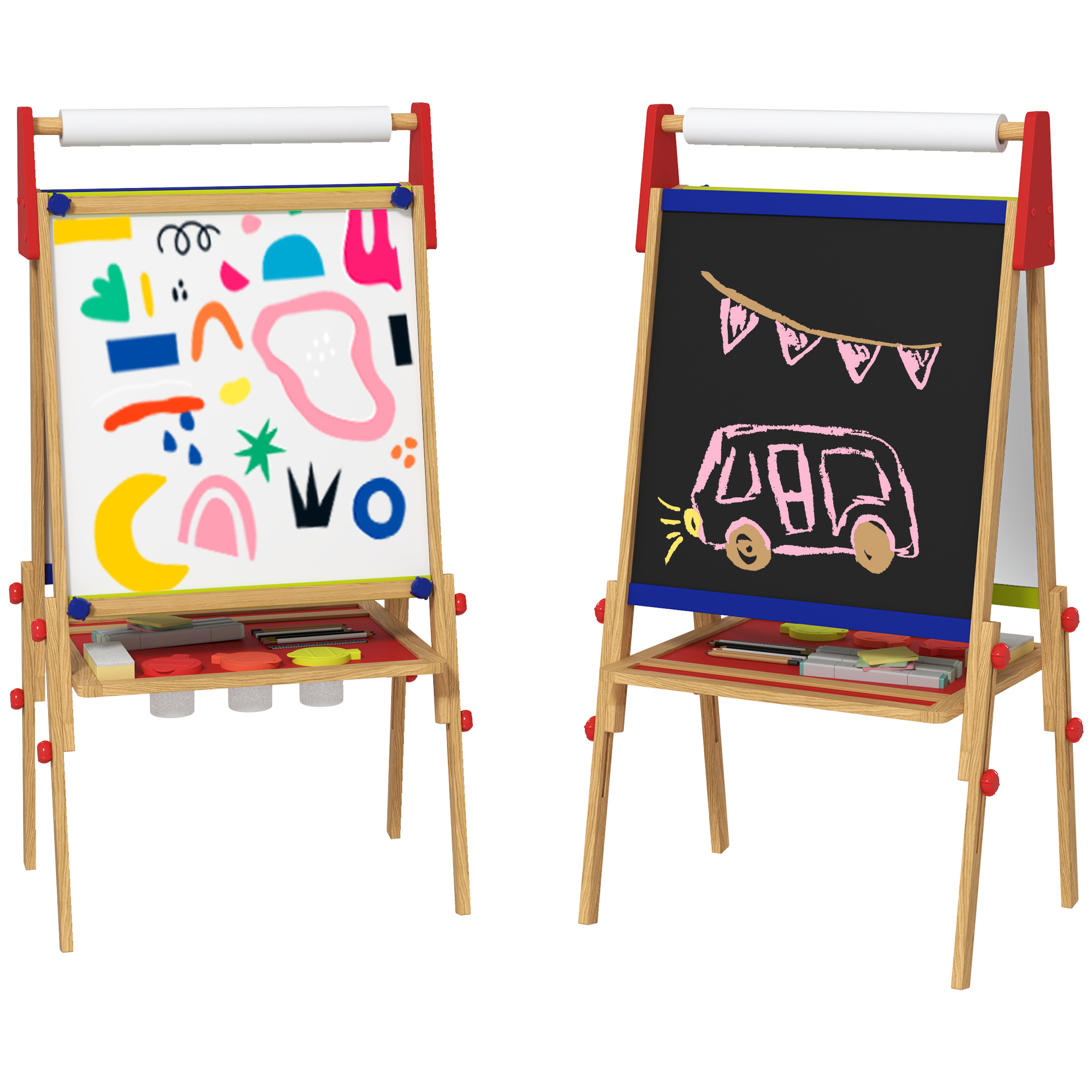 3 in 1 Easel for Kids with Paper Roll, Whiteboard, Chalkboard, Double Sided & Adjustable Height, Nature Wood