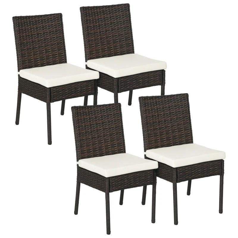 4 PE Rattan Outdoor Dining Chairs with Cushions, Patio Wicker Dining Chairs with Backrest, Brown