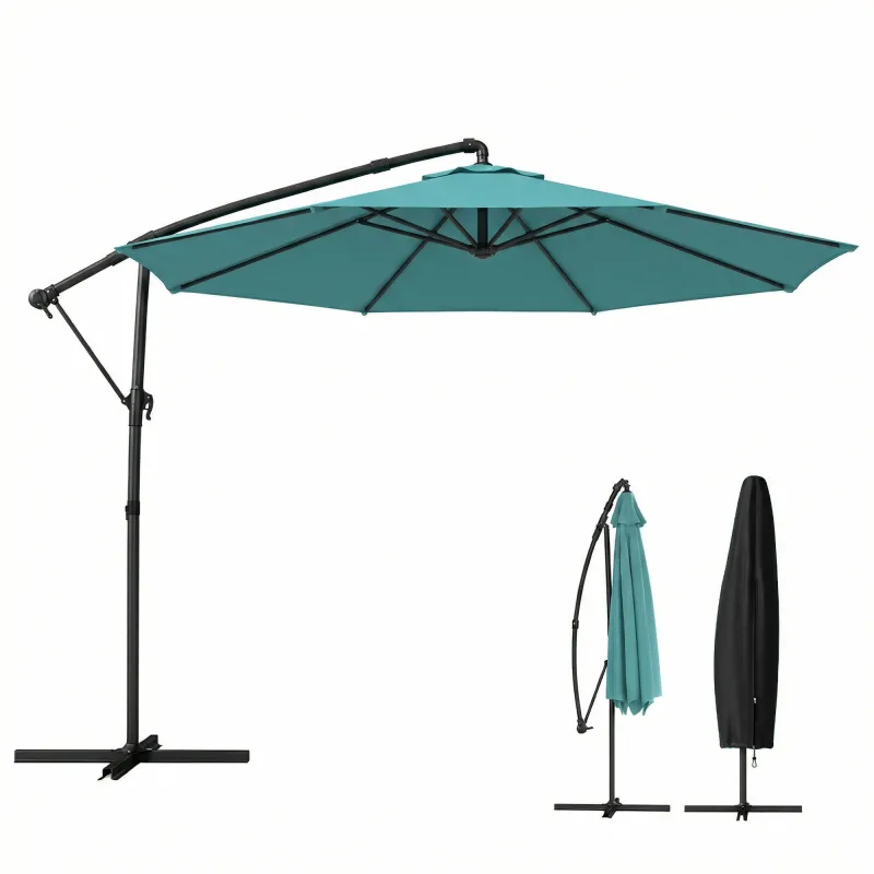 10 ft Offset Patio Umbrella with Cover, Hanging Cantilever Umbrella with 360° Rotation, Crank Handle, Tilt, Sky Blue