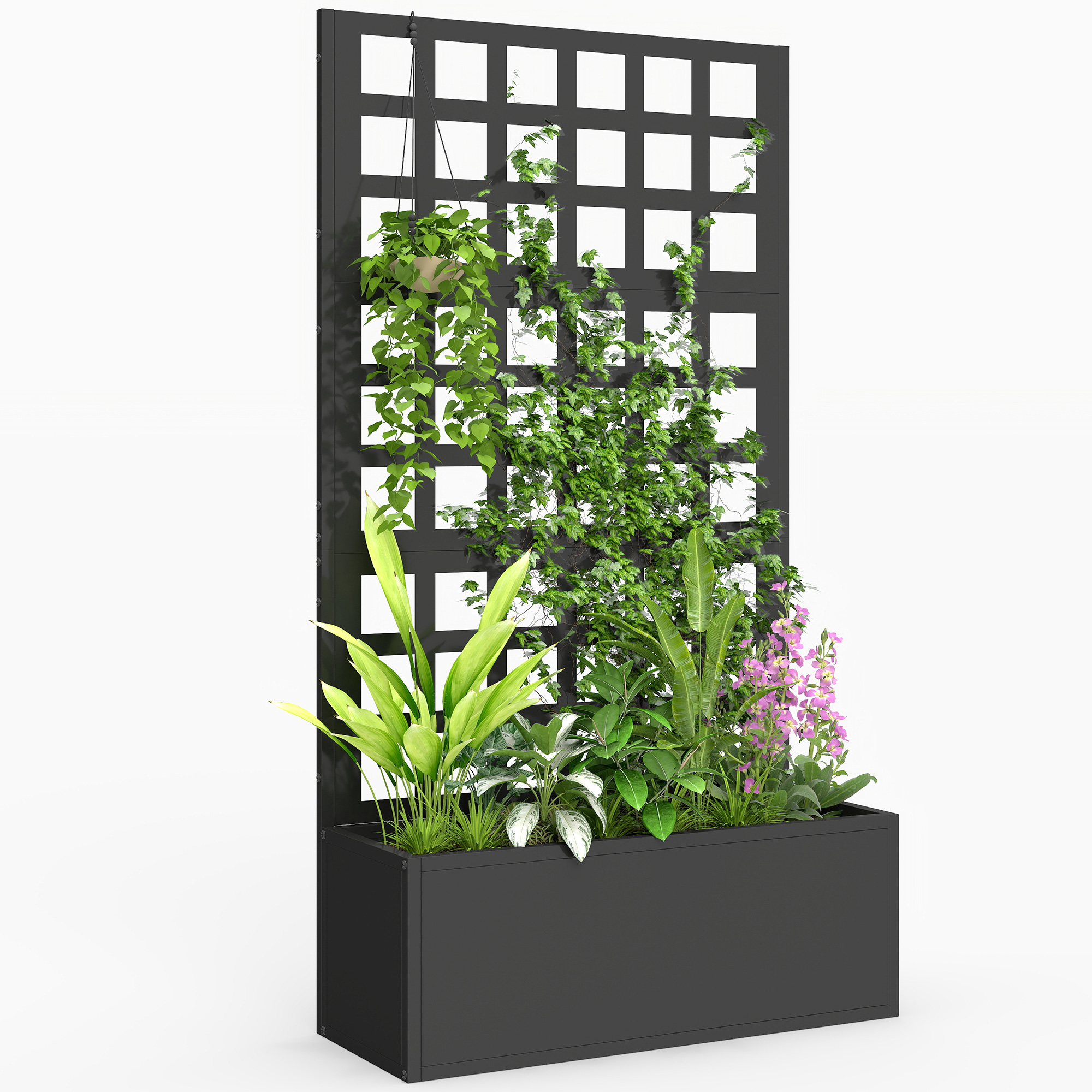 Galvanized Raised Garden Bed Planter Box with Trellis for Climbing Plants, Vegetable, Vines, 24" x 9" x 44.5", Black