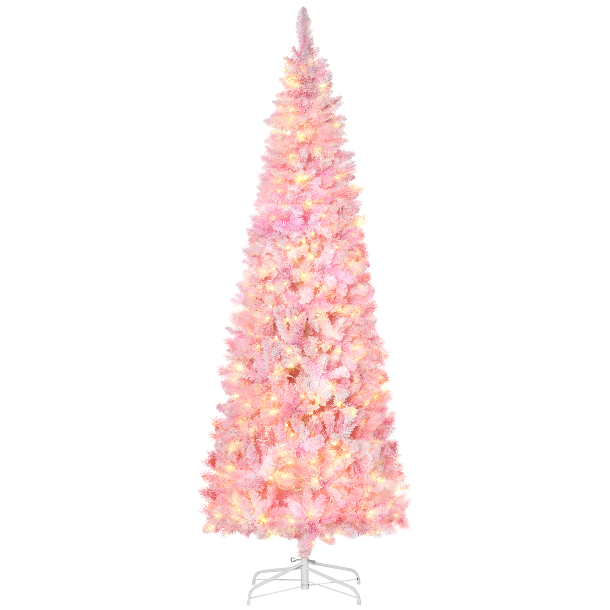  7.5ft Prelit Snow Flocked Artificial Christmas Tree with Pencil Shape, Pine Realistic Branches, Warm White LED lights, Auto Open, Pink and White