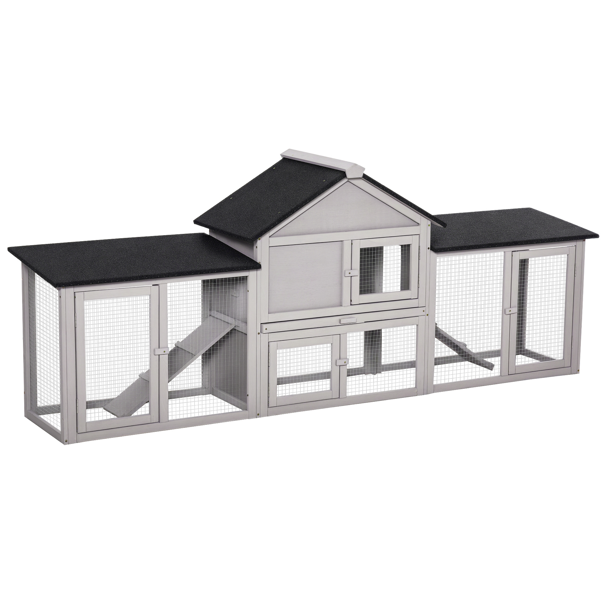Outdoor Rabbit House 83" 2 Story Deluxe XL Wooden Rabbit Hutch Big Bunny Cage w/ Ladder and Run, Gray