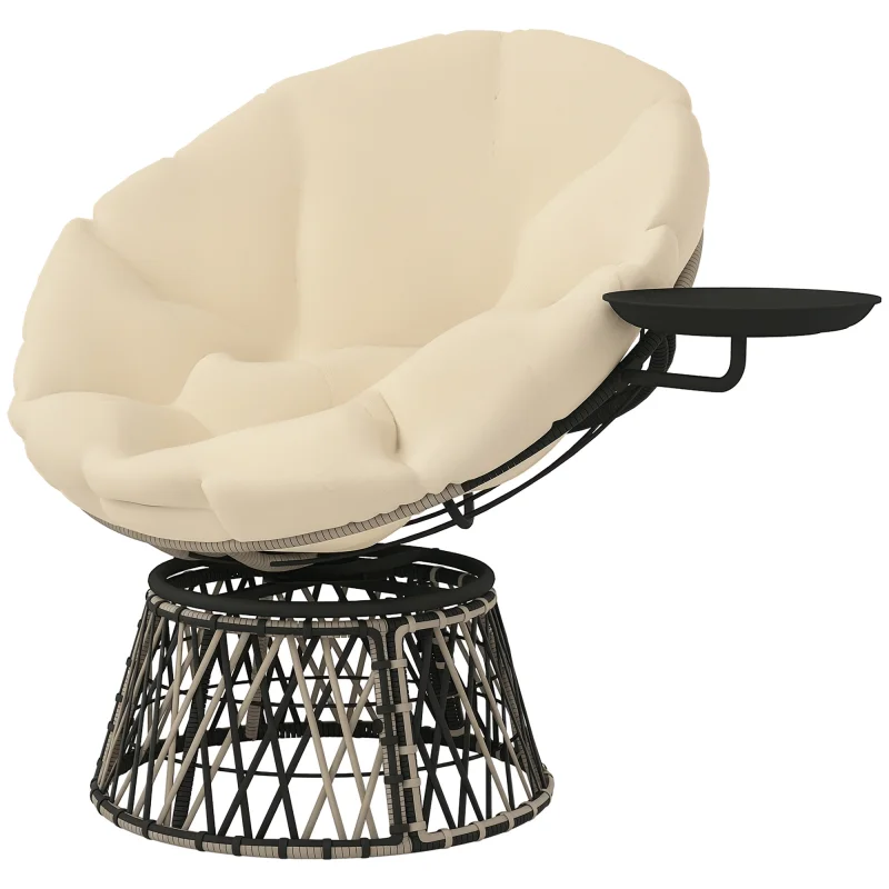 360° Swivel Outdoor Papasan Chair, 39" Overstuffed Circle Chair with Side Tray, Thick Cushion for Indoor Patio, Beige