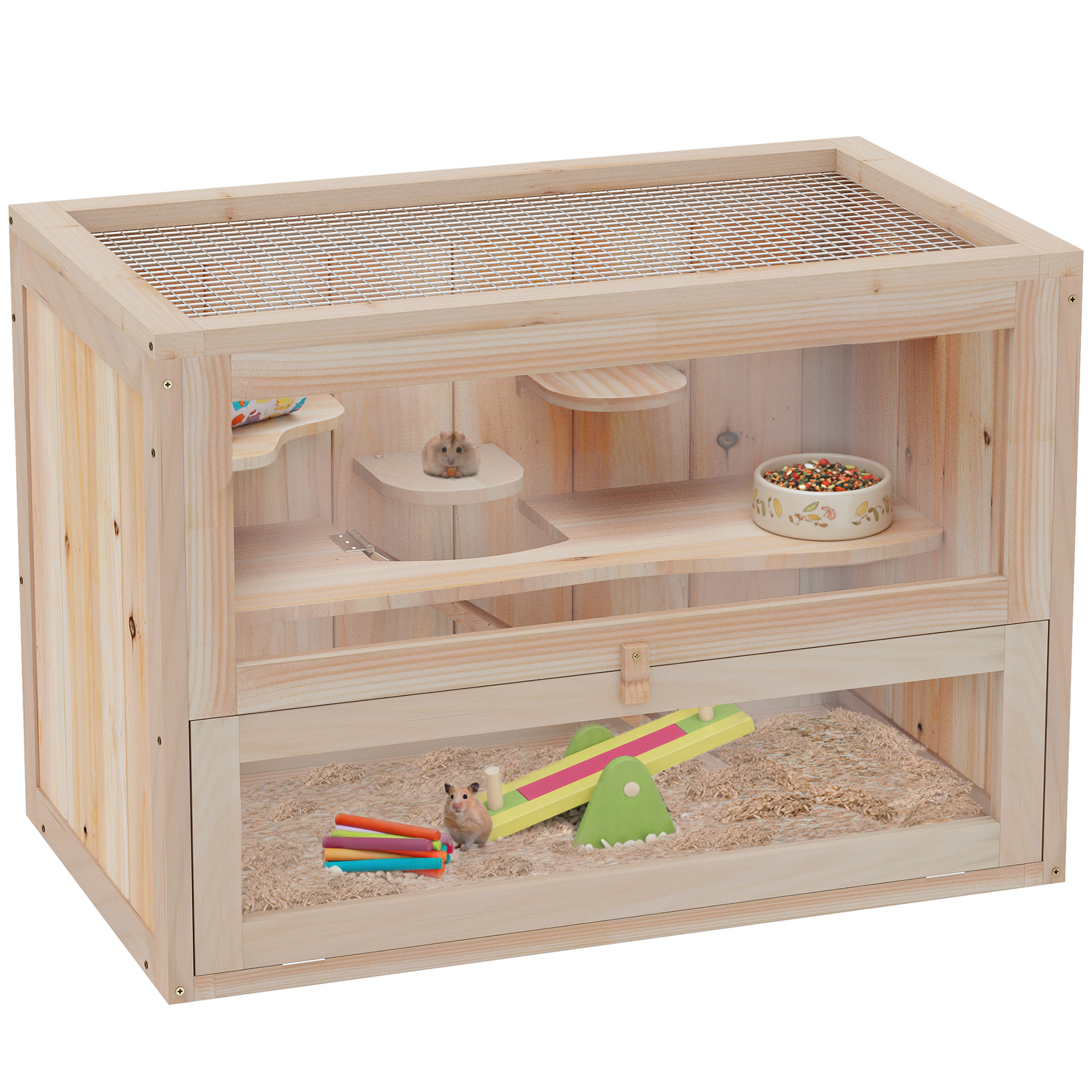 2-Level Hamster Cage Mice and Rat House, Small Animal Habitat for Guinea Pigs, Chinchillas with Openable Top, Front Door, Shelf and Ladder, Natural