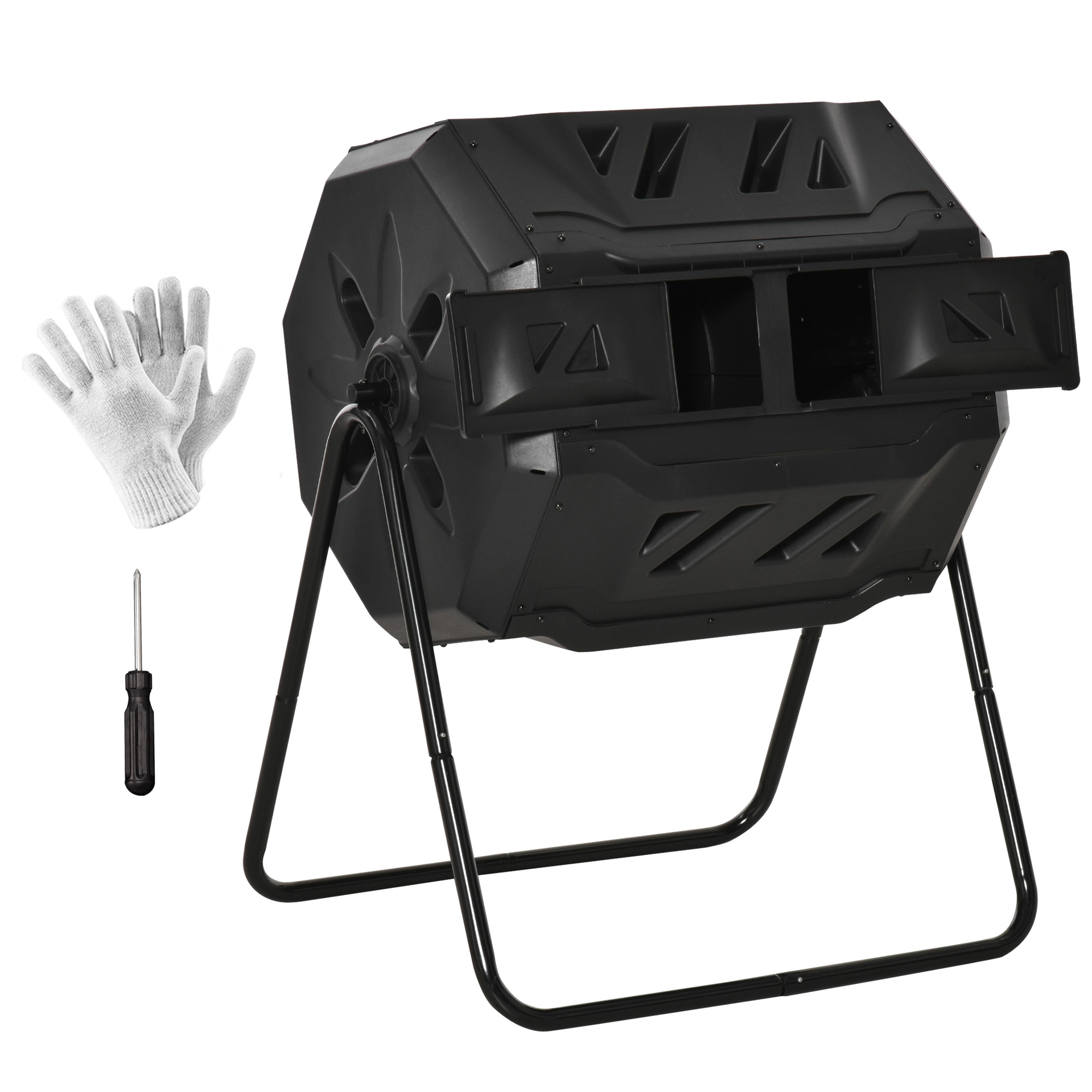 Tumbling Compost Bin Outdoor 360° Dual Chamber Rotating Composter 43 Gallon, Black