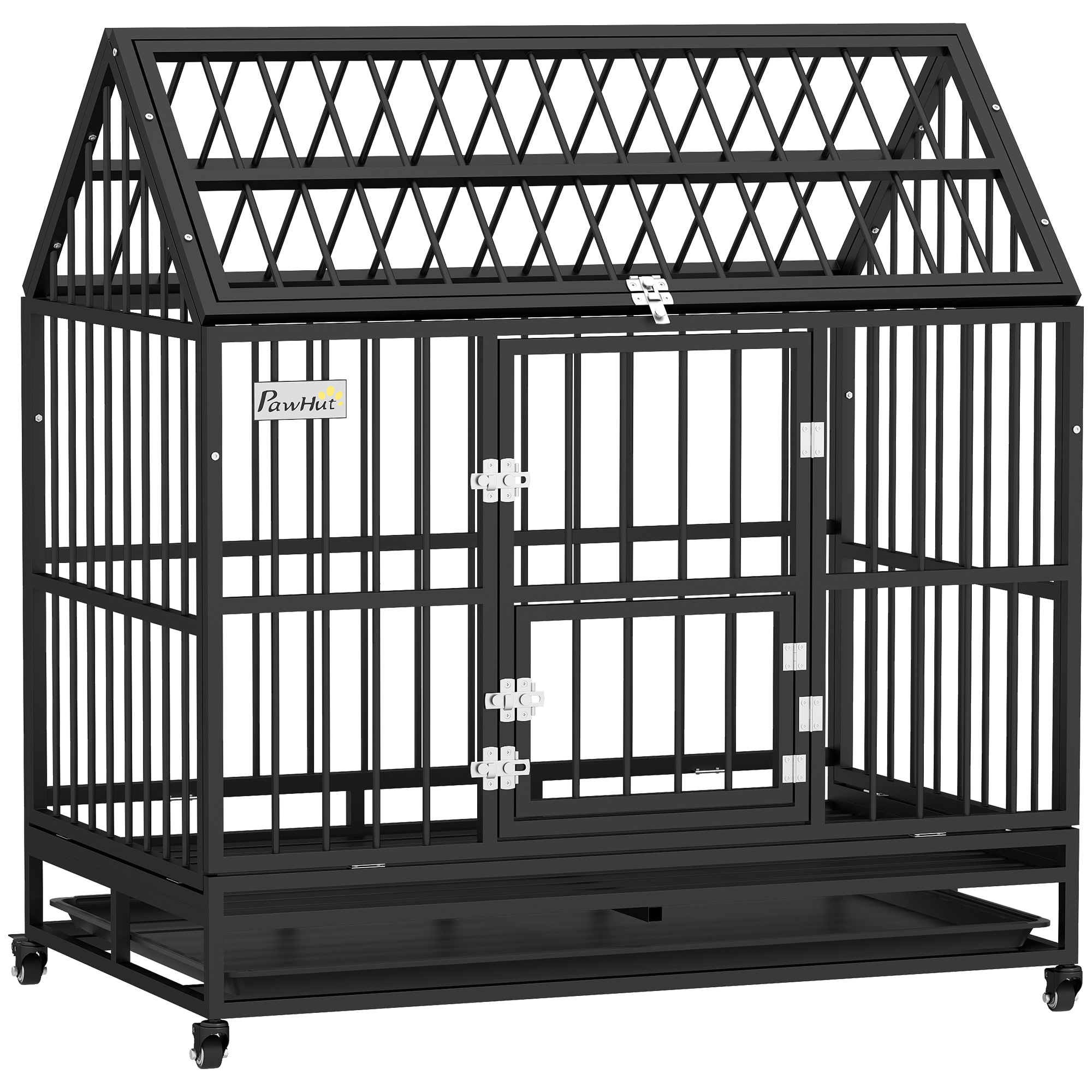 48" Heavy Duty Dog Crate with 4 Lockable Wheels, Double Doors, and Removable Tray, for XL and L Dogs