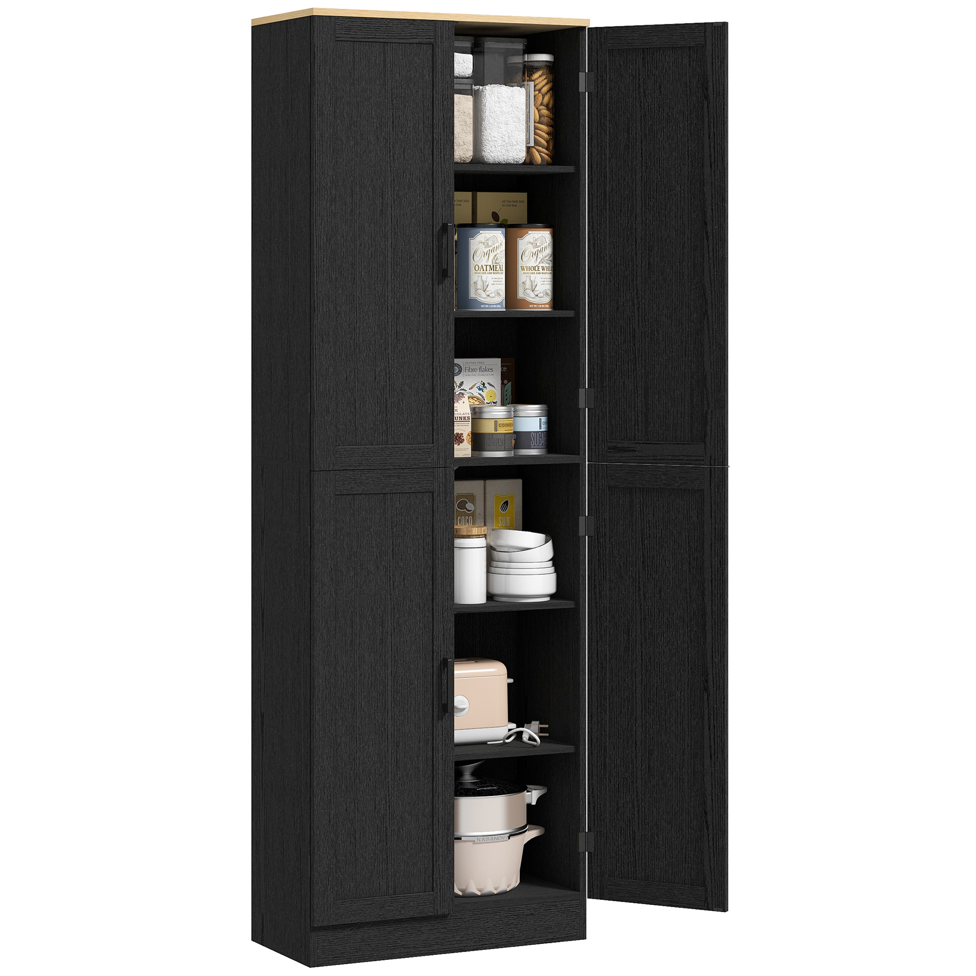 Freestanding Kitchen Pantry, 4-Door Kitchen Pantry Cabinet with Adjustable Shelves and Doors, Distressed Black