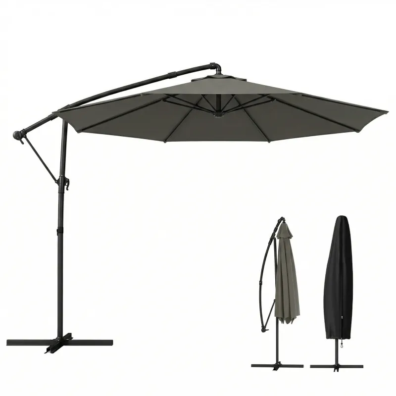 10 ft Offset Patio Umbrella with Cover, Hanging Cantilever Umbrella with 360° Rotation, Crank Handle, Tilt, Gray