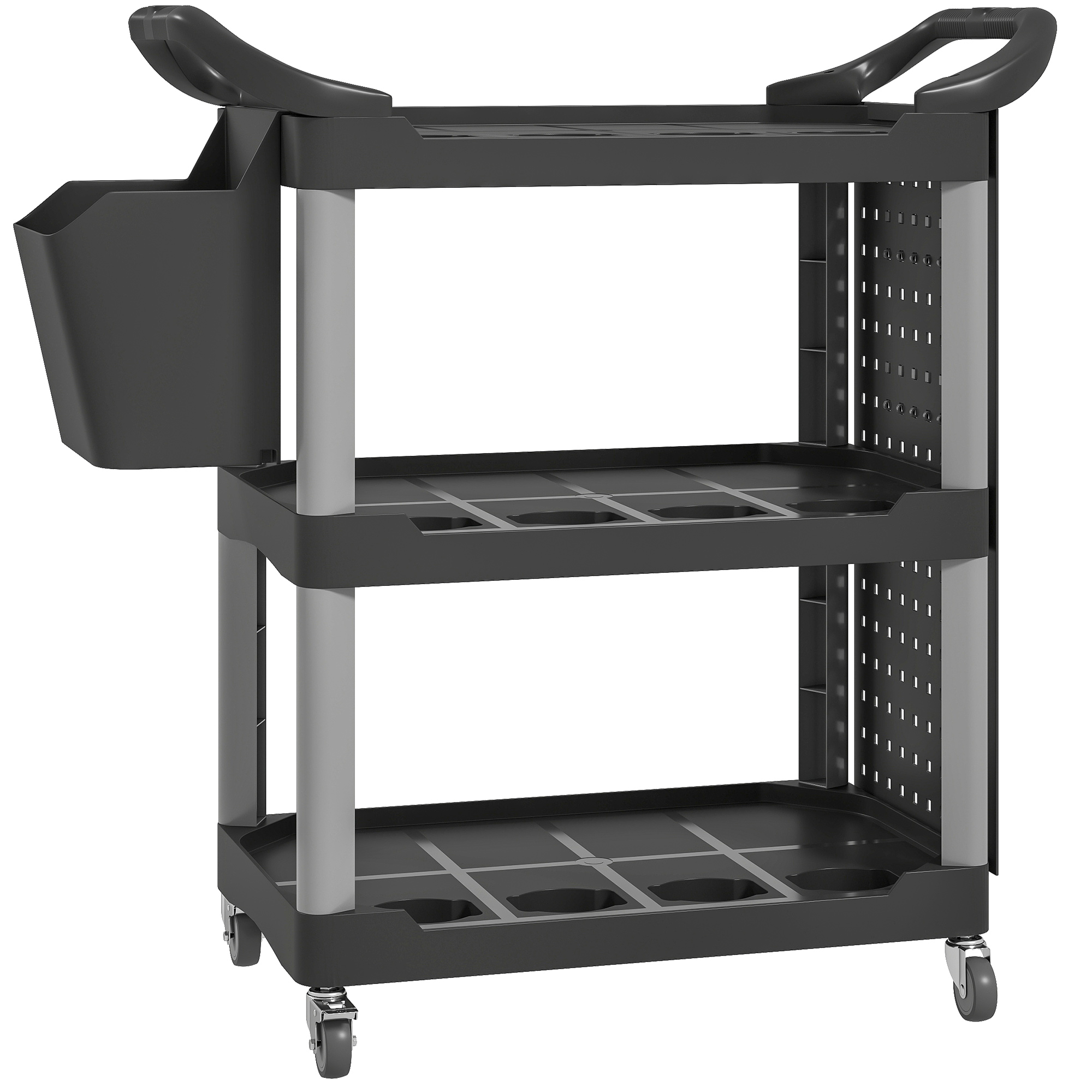 3-Tier Rolling Tool Cart, 200 LBS Capacity Plastic Utility Cart with Side Shelf and Bucket, Black and Light Gray
