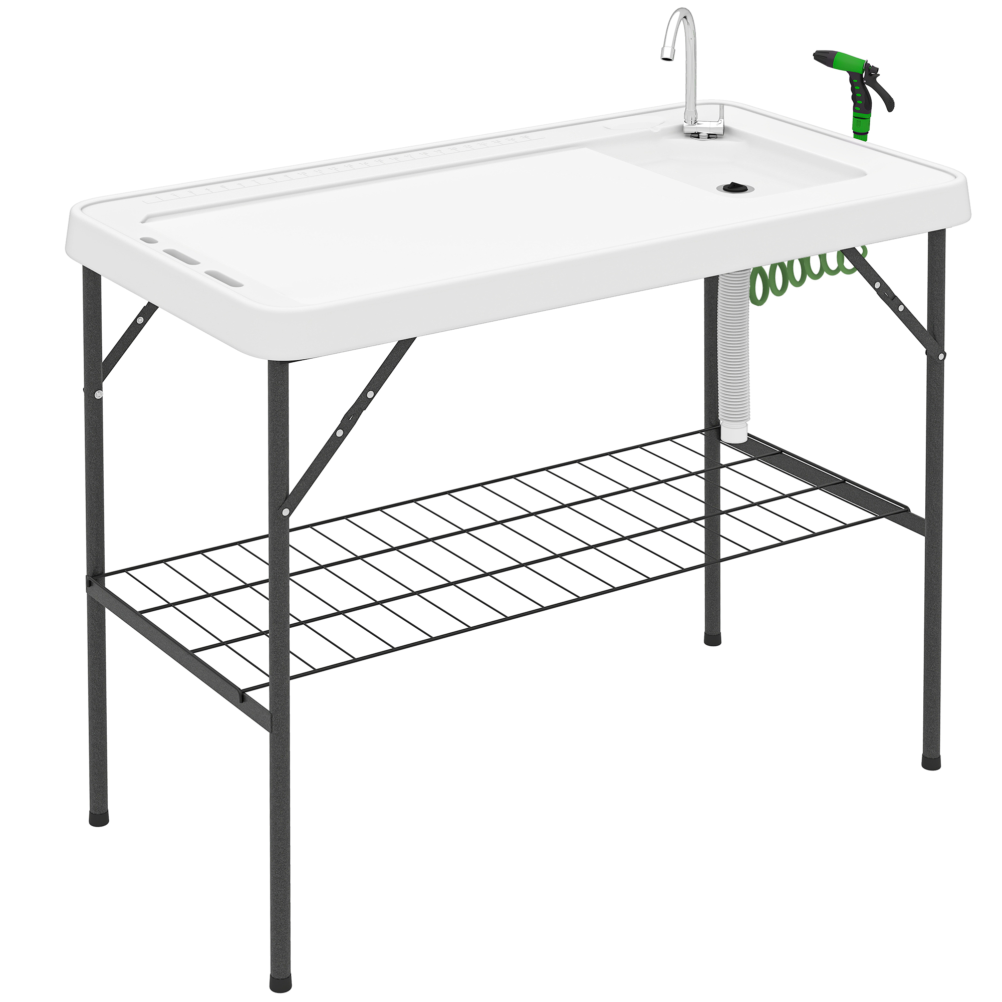 Folding Fish Cleaning Table with Sink, Portable Camping Table with Faucet, Drainage Hose, Sprayer and Shelf, White