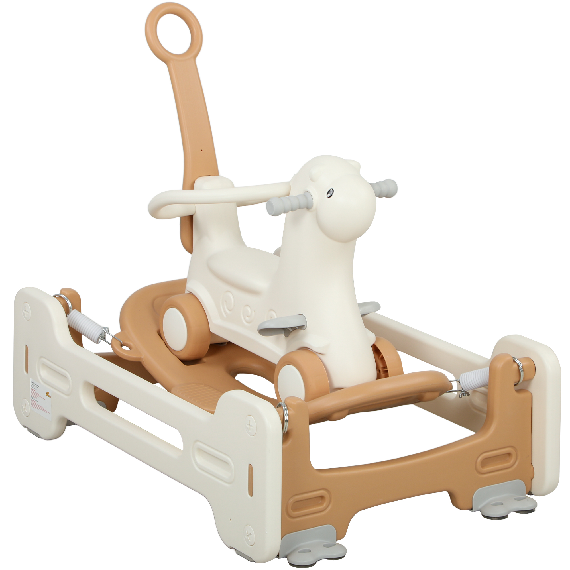 5 in 1 Kids Rocking Horse with Detachable Base, Safety Guardrails, Footrests, Push Handle for Ages 1-3, Brown