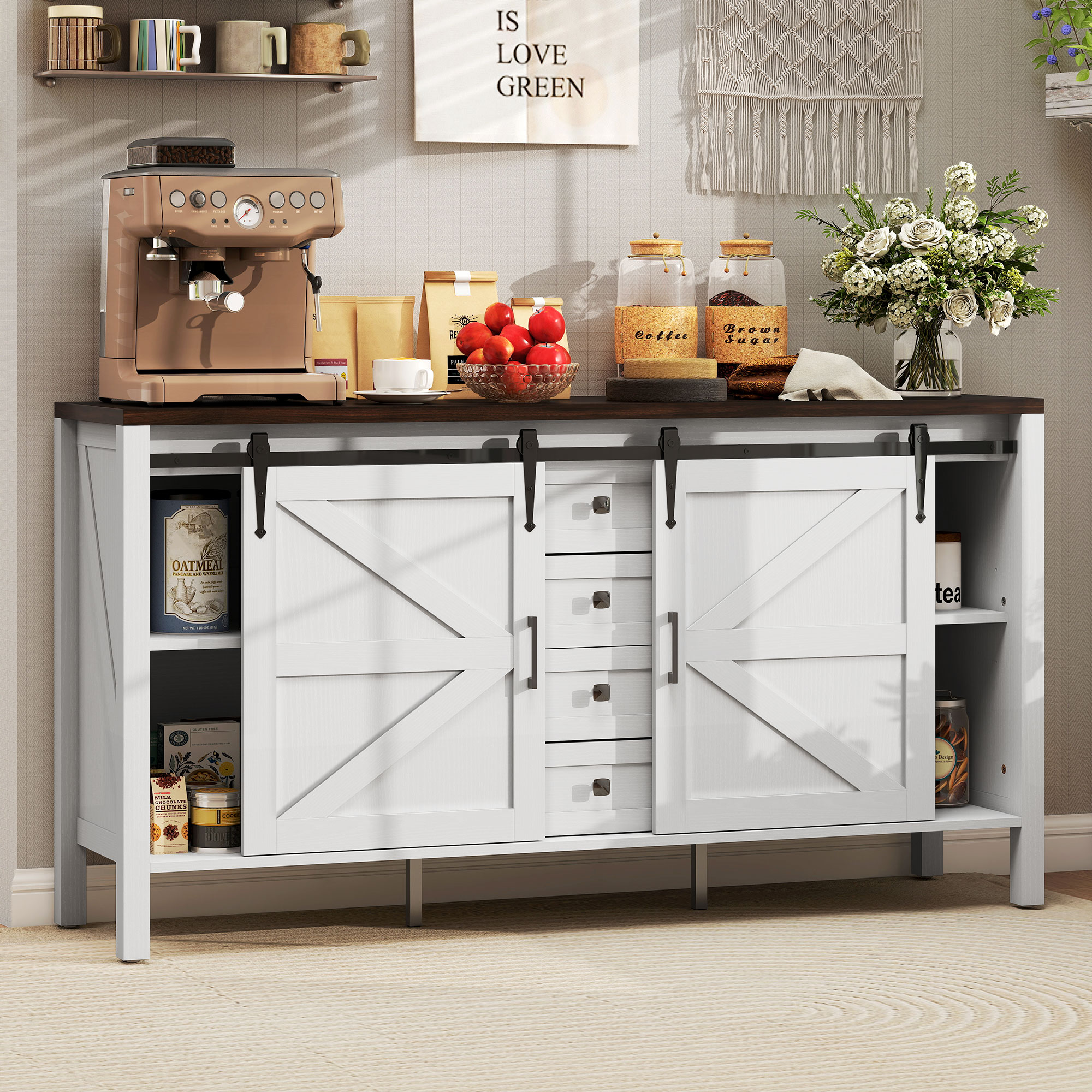 59" Buffet Cabinet, Farmhouse Sideboard with Thick Top, 2 Barn Doors, 4 Drawers and 2 Adjustable Shelves, White