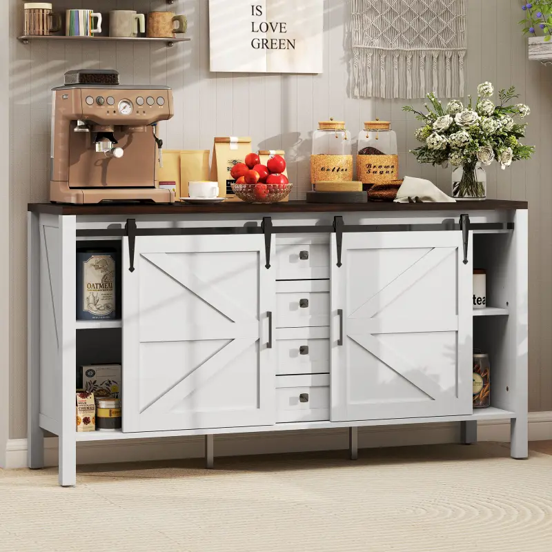 59" Buffet Cabinet, Farmhouse Sideboard with Thick Top, 2 Barn Doors, 4 Drawers and 2 Adjustable Shelves, White