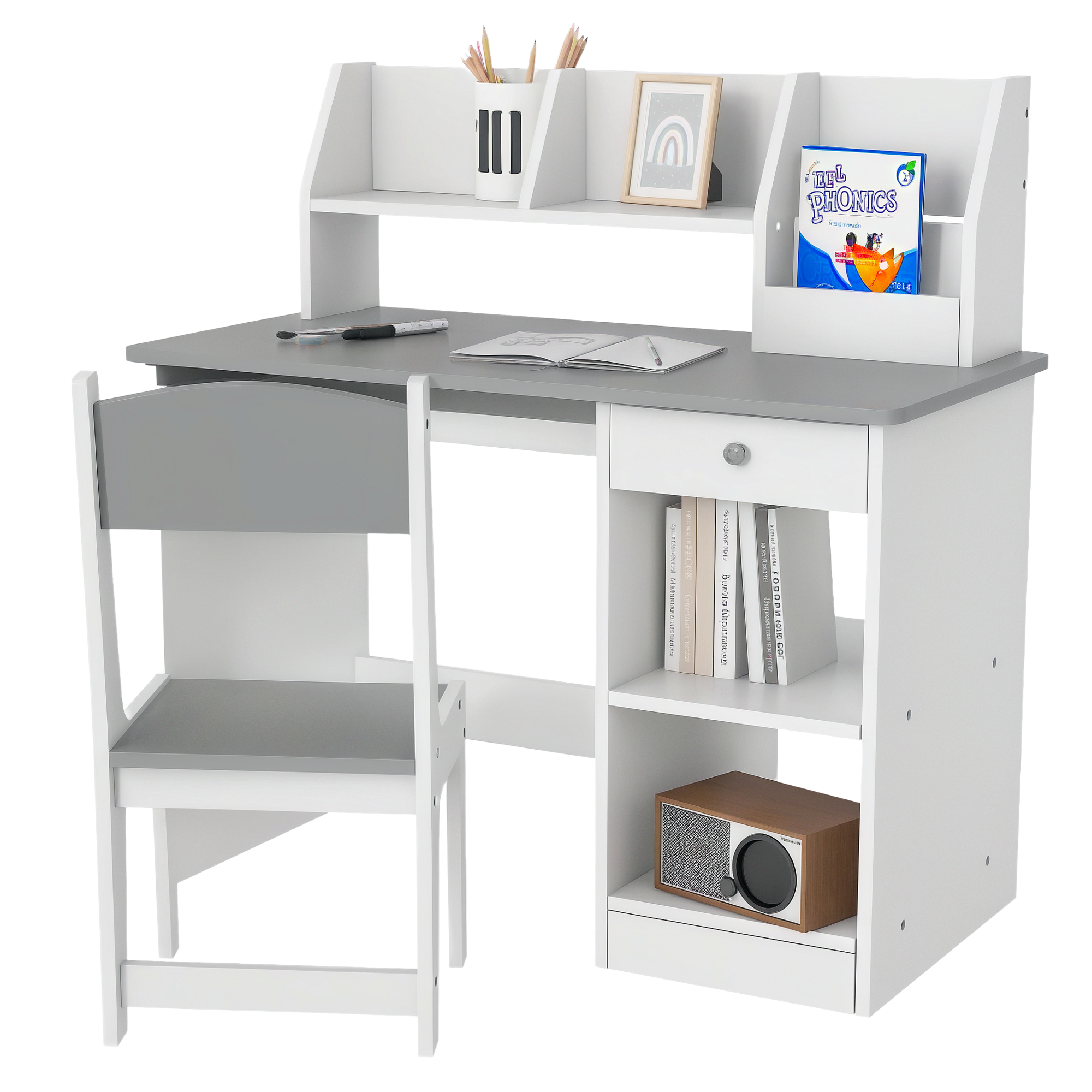 Kids Desk and Chair Set with Storage, Study Desk with Chair for Children 5-8 Years Old, Gray