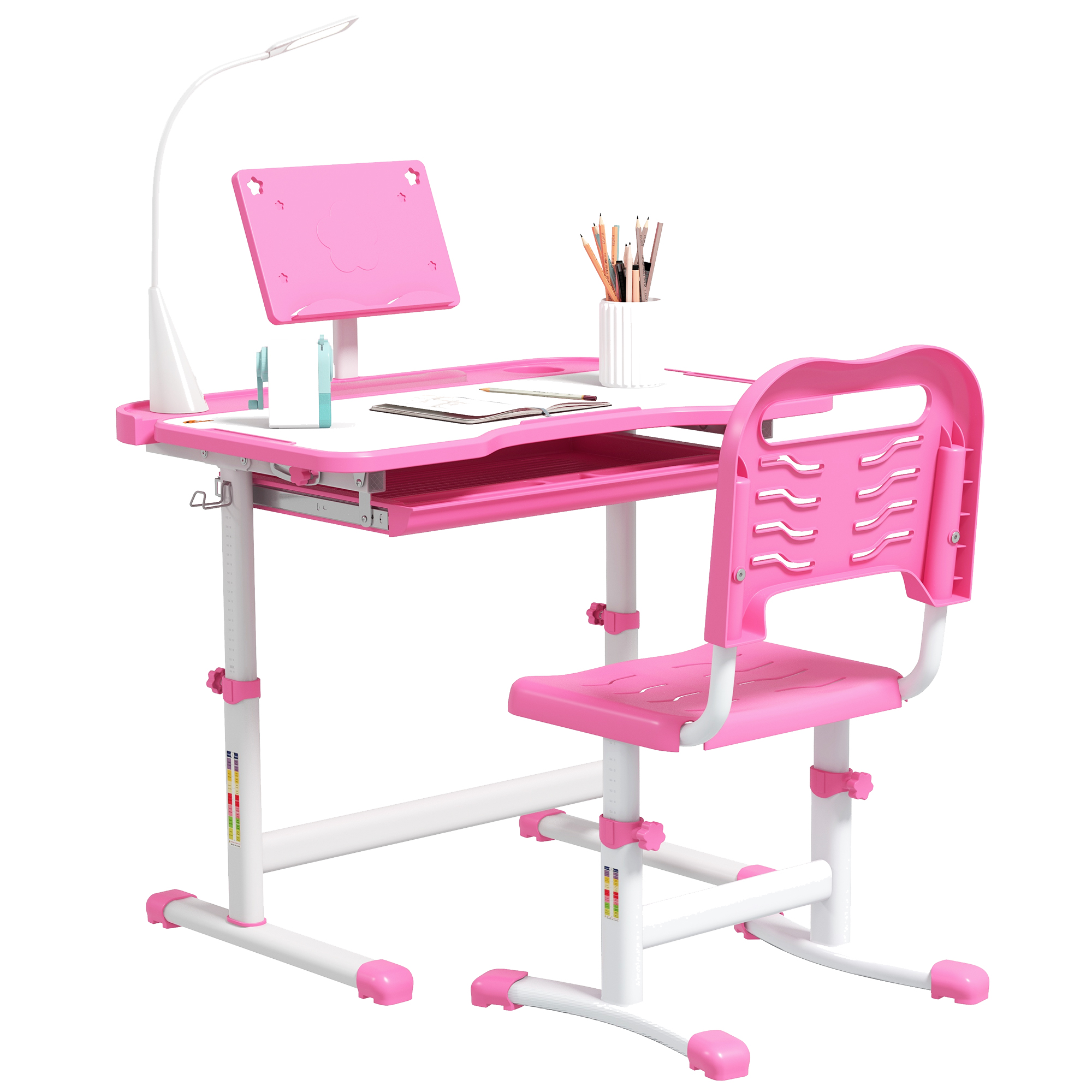 Kids Desk and Chair Set with USB Light, Storage Drawer, Pink