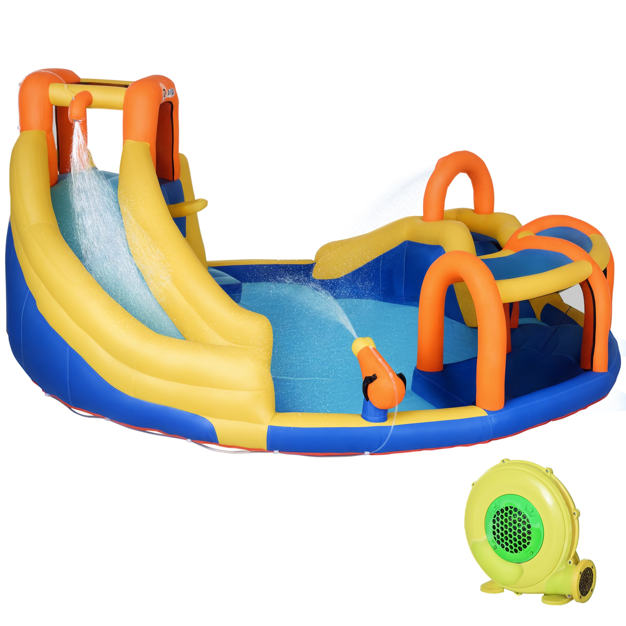  6-in-1 Inflatable Water Slide Kids Bounce House Jumping Castle Includes Slide Basket Pool Water Gun Climbing Wall Tunnel with Carry Bag, Repair Patches and 750W Air Blower
