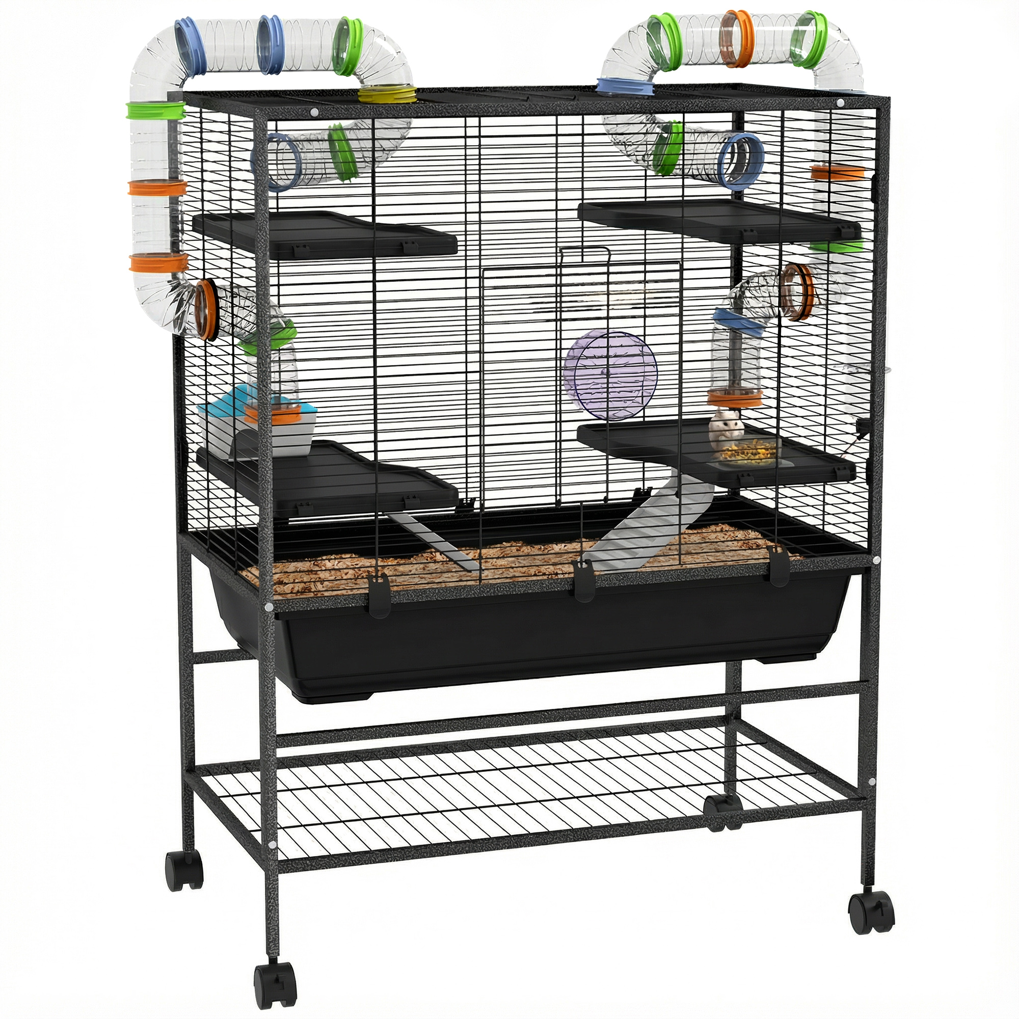 Small Animal Cage for Syrian Hamster, Gerbil Cage with Tubing System, Running Wheel, Ramps, Platforms