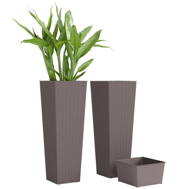 23.6 Inch Tall Planters for Outdoor Plants, Set of 2 Plastic Flower Pots with Drainage Holes, Brown