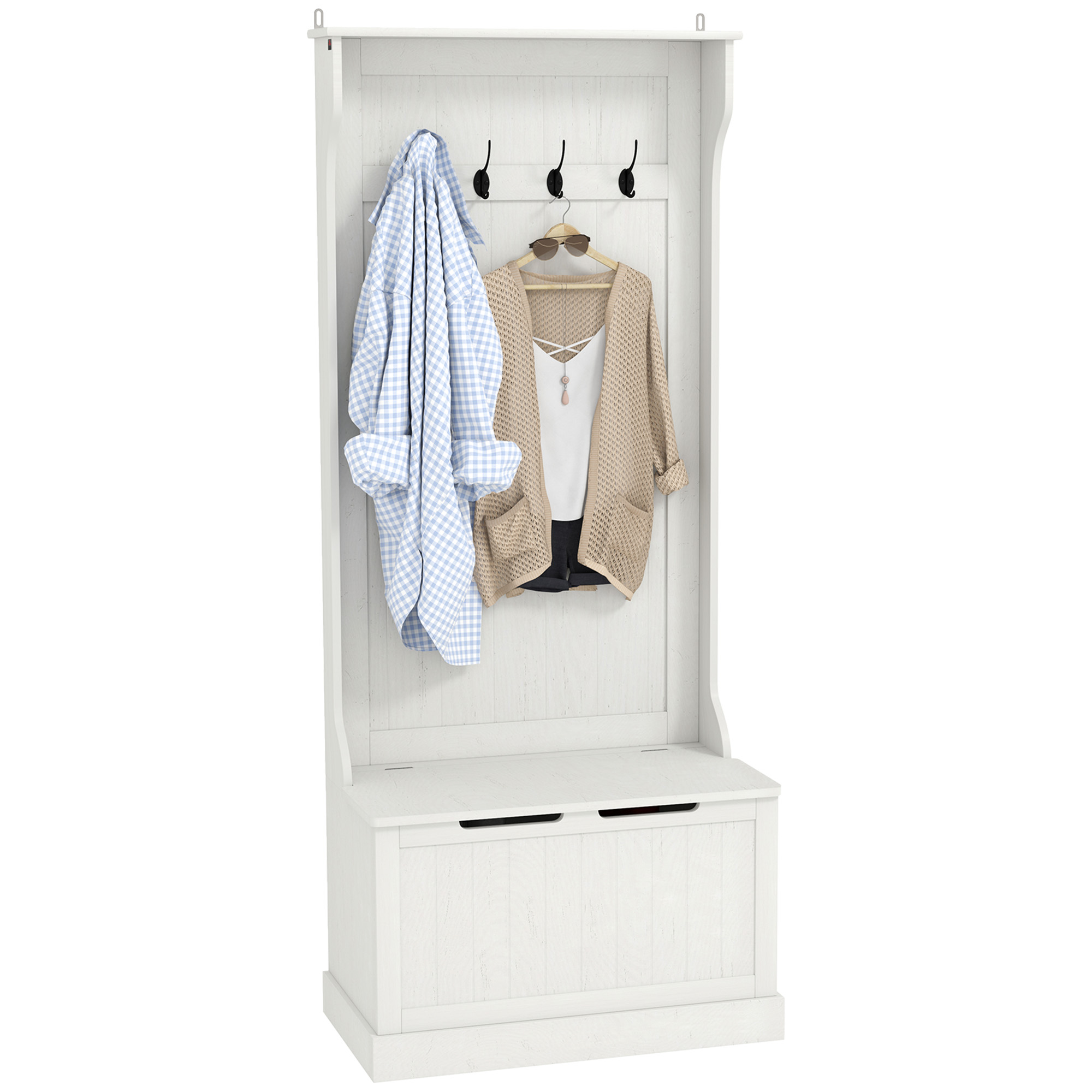 Hall Tree with Coat Rack, Storage, and Sitting Bench, Cream White
