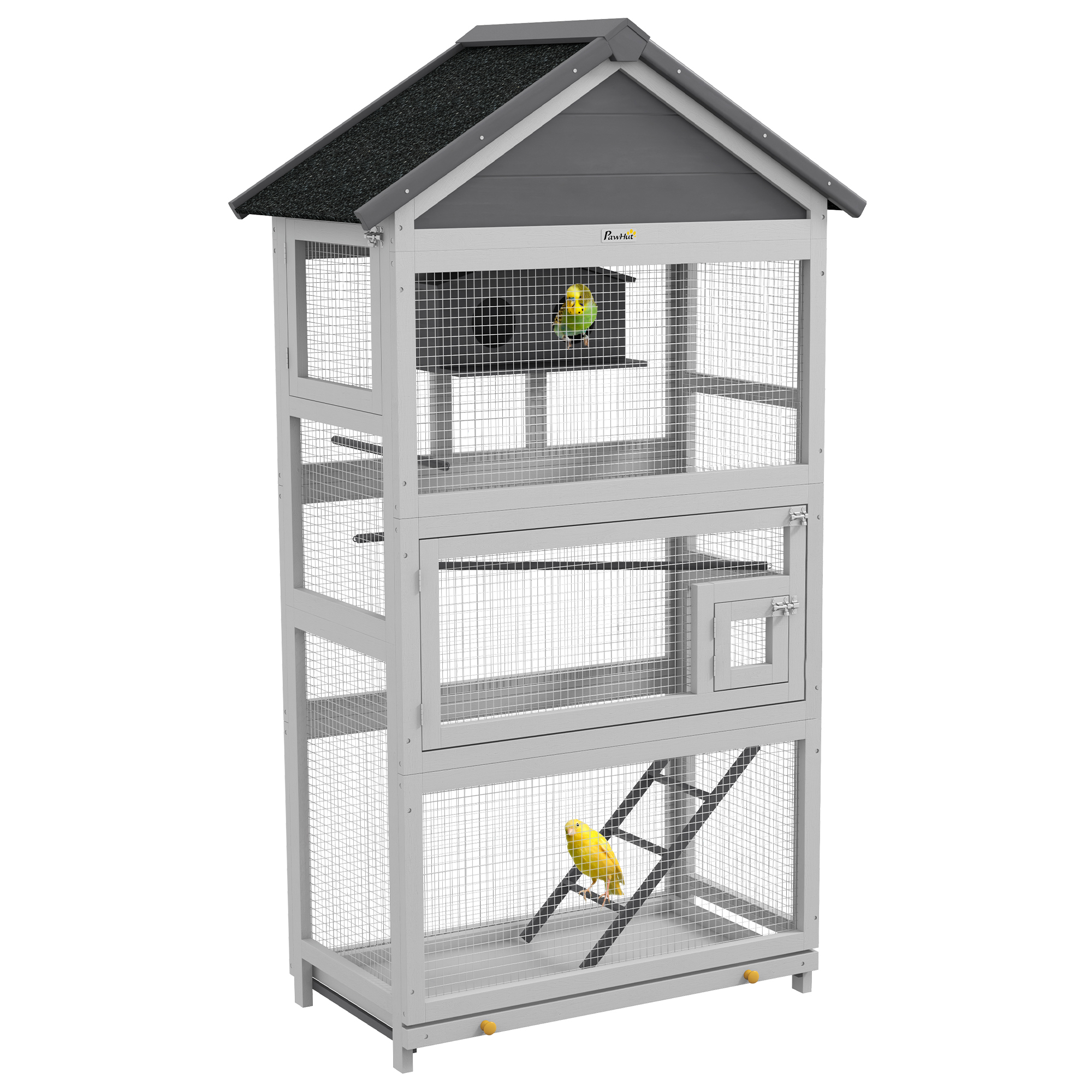 Wooden Bird Aviary with Slide-Out Tray, Birdhouse, Ladder, Perches for Finches, Parakeets, Gray