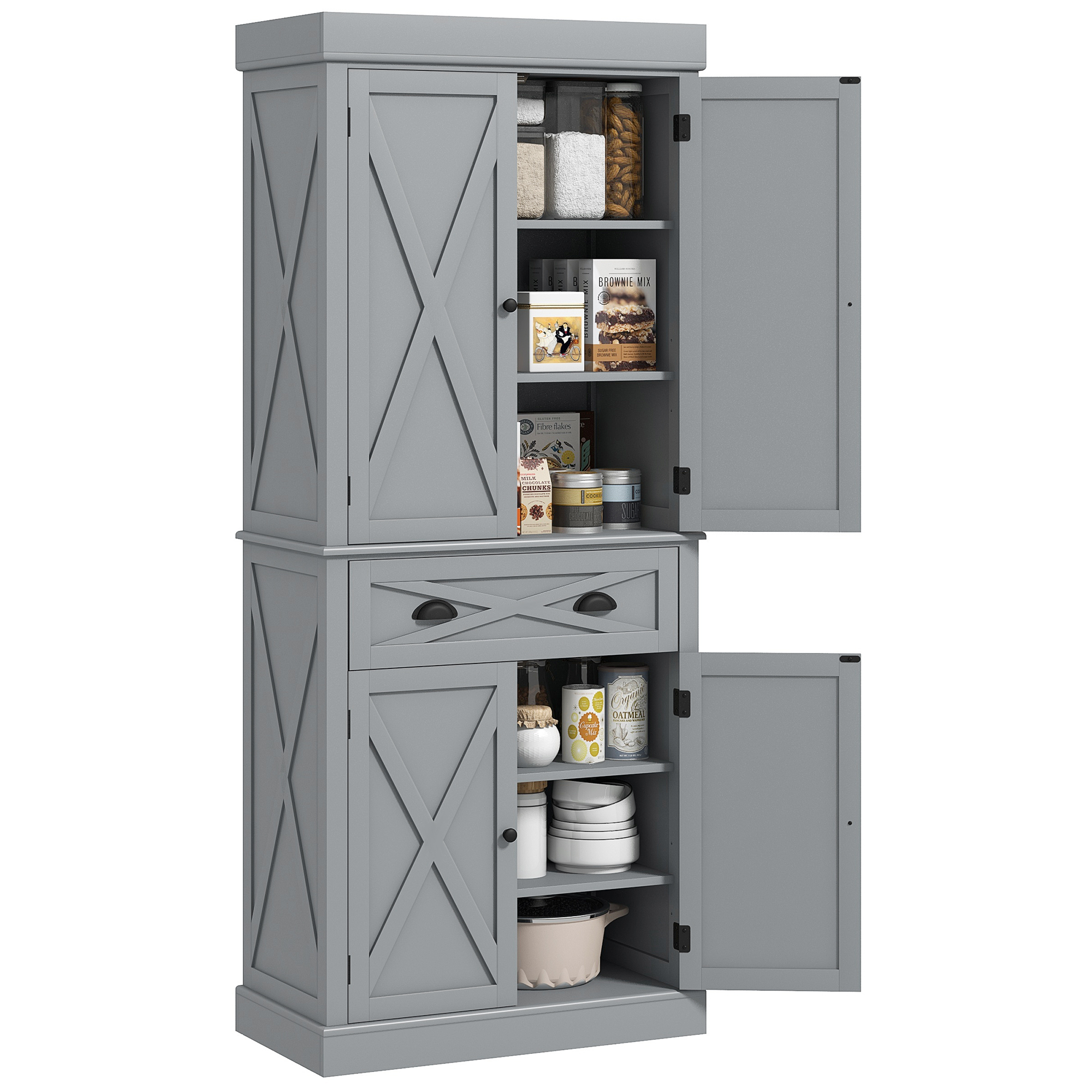 72" Kitchen Cabinet, Pantry Storage Cabinet with 4 Doors and 2 Adjustable Shelves, Large Central Drawer, Gray