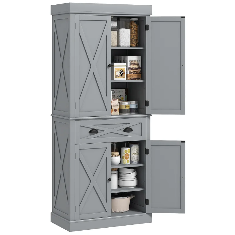 72" Kitchen Cabinet, Pantry Storage Cabinet with 4 Doors and 2 Adjustable Shelves, Large Central Drawer, Gray