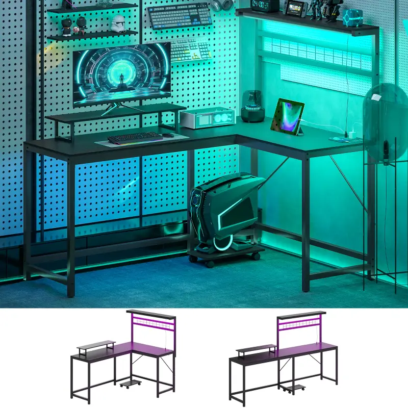 61.6" L Shaped Gaming Desk with Power Outlets & LED Lights, Computer Desk with Monitor Stand and CPU Shelf, Black