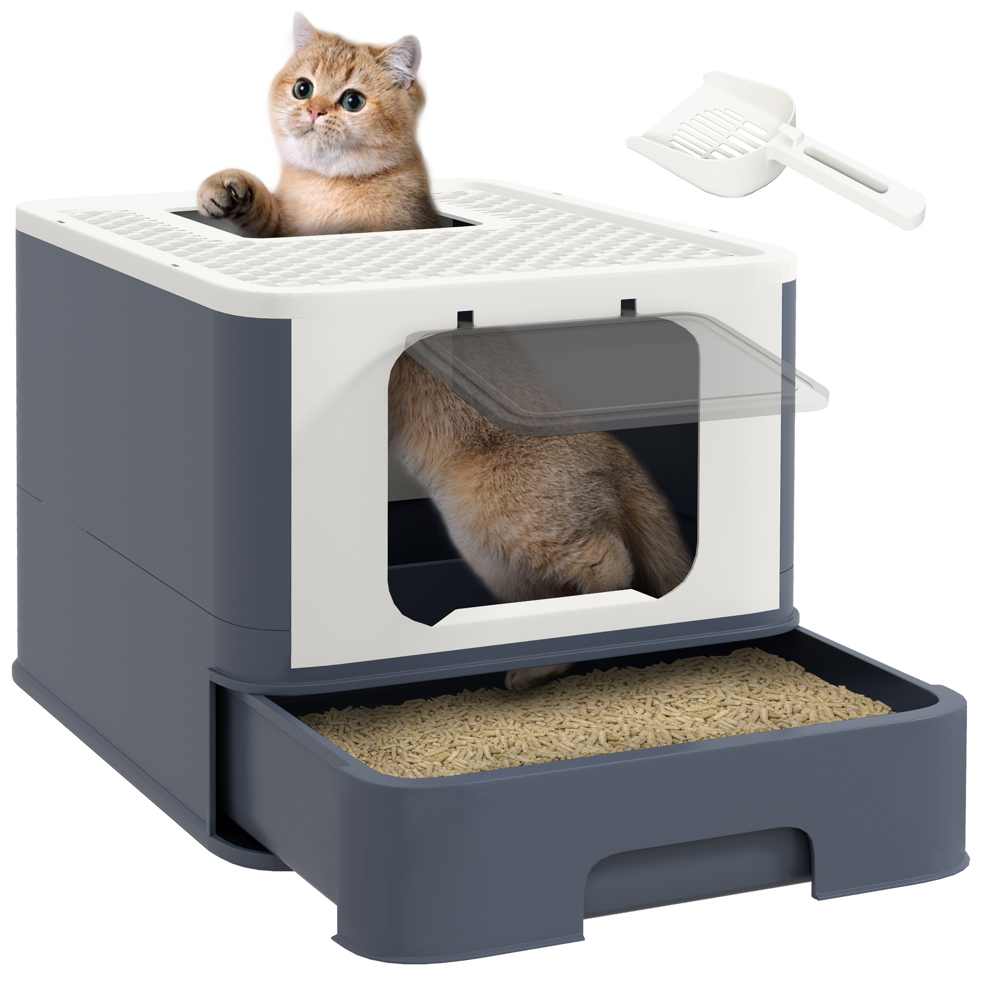 Cat Litter Box with Lid, Scoop, Front Entry, and Top Exit for Large Cats, White