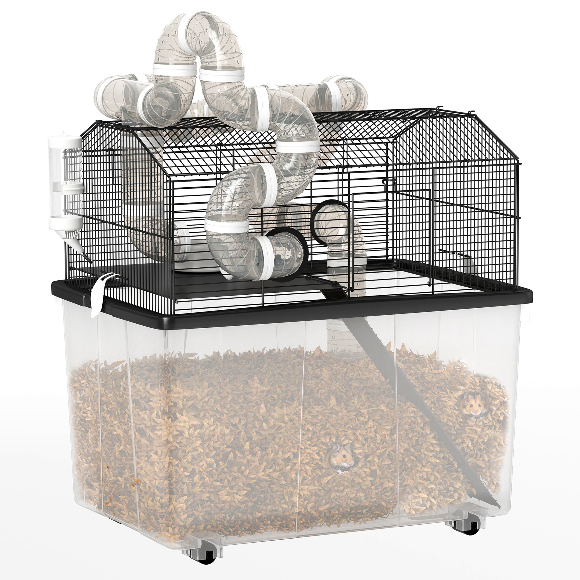 2 Tier Hamster Cage with 12" Deep Tray, Tube System, Water Bottle, Ramp, Feeding Bowl, 23" x 17" x 22", Black