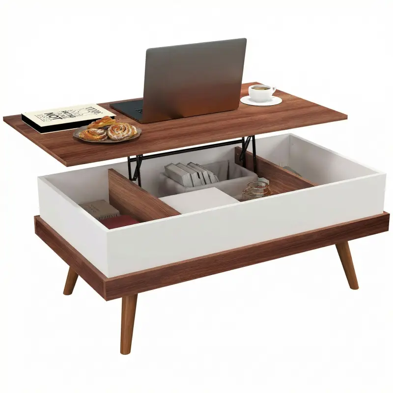 Lift Top Coffee Table with Hidden Compartments and Wood Legs, Walnut