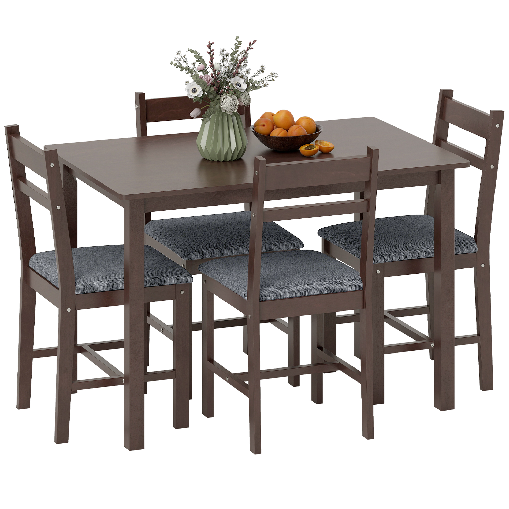 5-Piece Solid Wood Dining Table Set for 4, Farmhouse Kitchen Table with Upholstered Chairs for Dining Room, Walnut