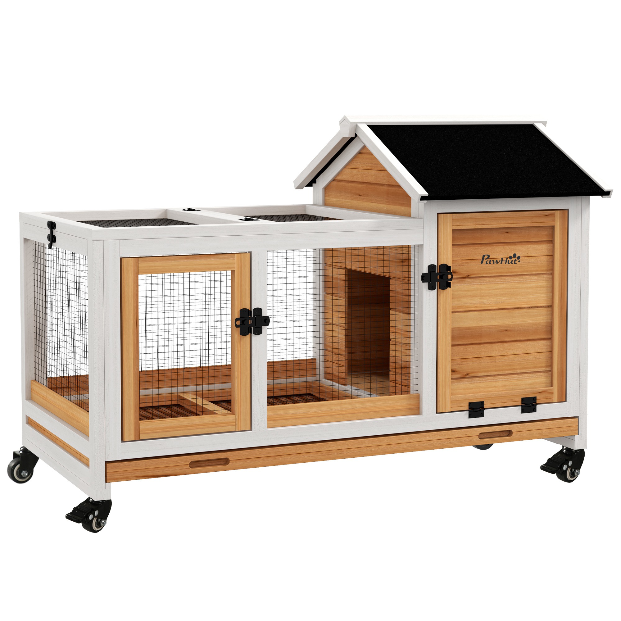 Wooden Rabbit Hutch with Wheels, Run, Slide-out Tray for Small Animals, Guinea Pig, Yellow