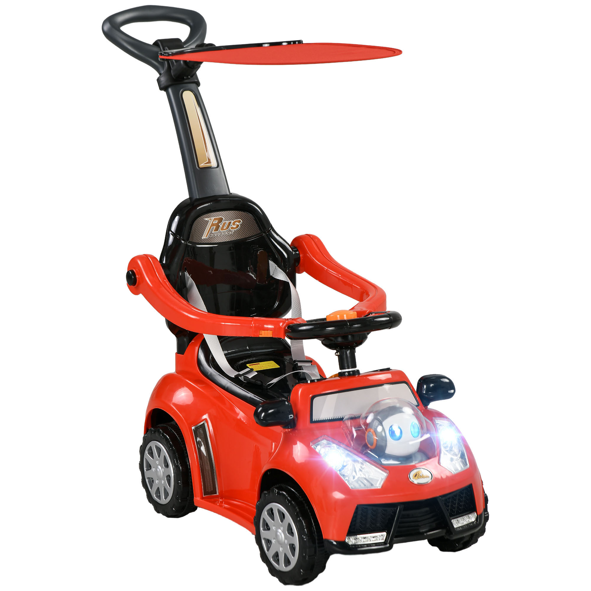 3 in 1 Push Car Sliding Car with Removable Handle, Music, Horn, Canopy, Safety Guardrail, Red