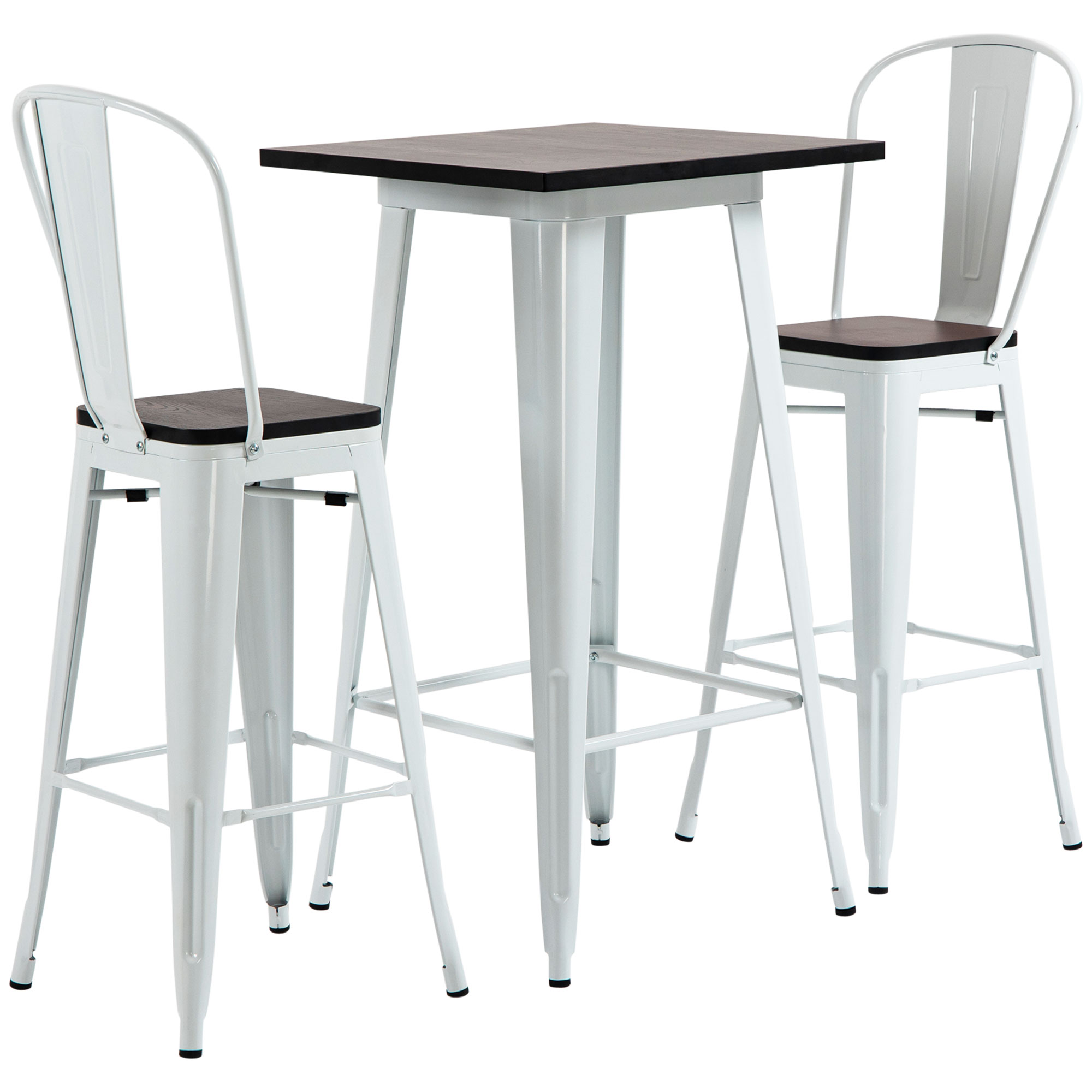  3 Piece Industrial Dining Table Set, Bar Height Bar Table and Chairs Set with Footrests for Bistro, Pub, White and Brown
