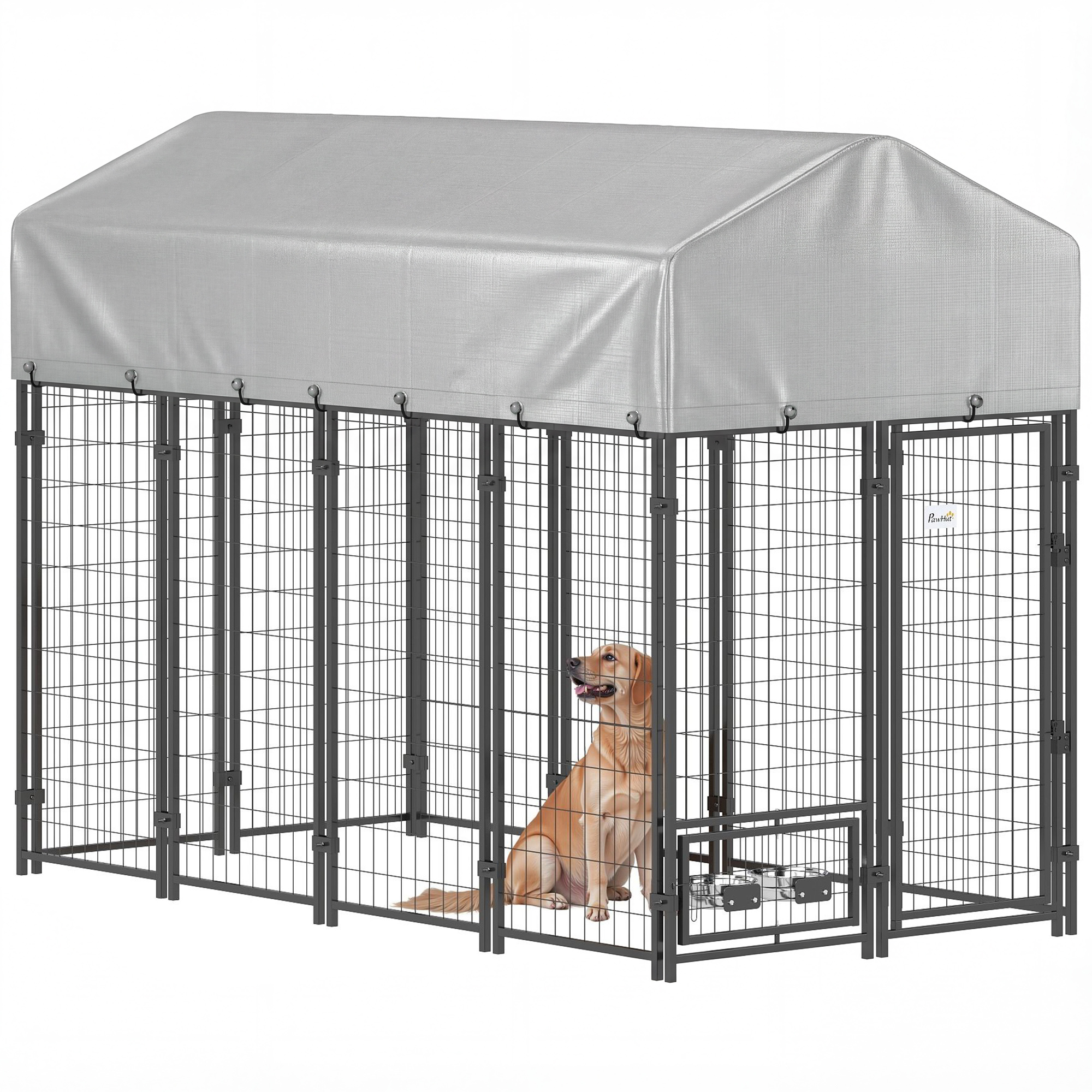 8' x 4' x 6' Outdoor Dog Kennel, Dog Kennel Outside Run with 360° Rotating Bowls, Waterproof & UV Resistant Cover