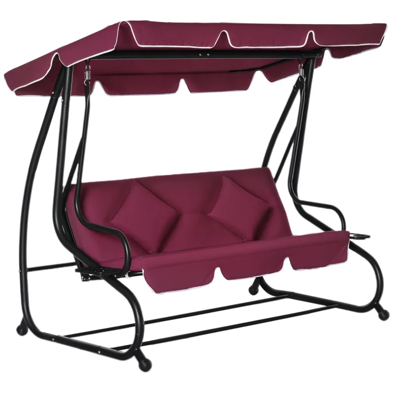  3-Seat Outdoor Patio Swing Chair, Converting Flatbed, Outdoor Swing Glider with Adjustable Canopy, Removable Cushion and Pillows, for Porch, Garden, Poolside, Backyard, Red