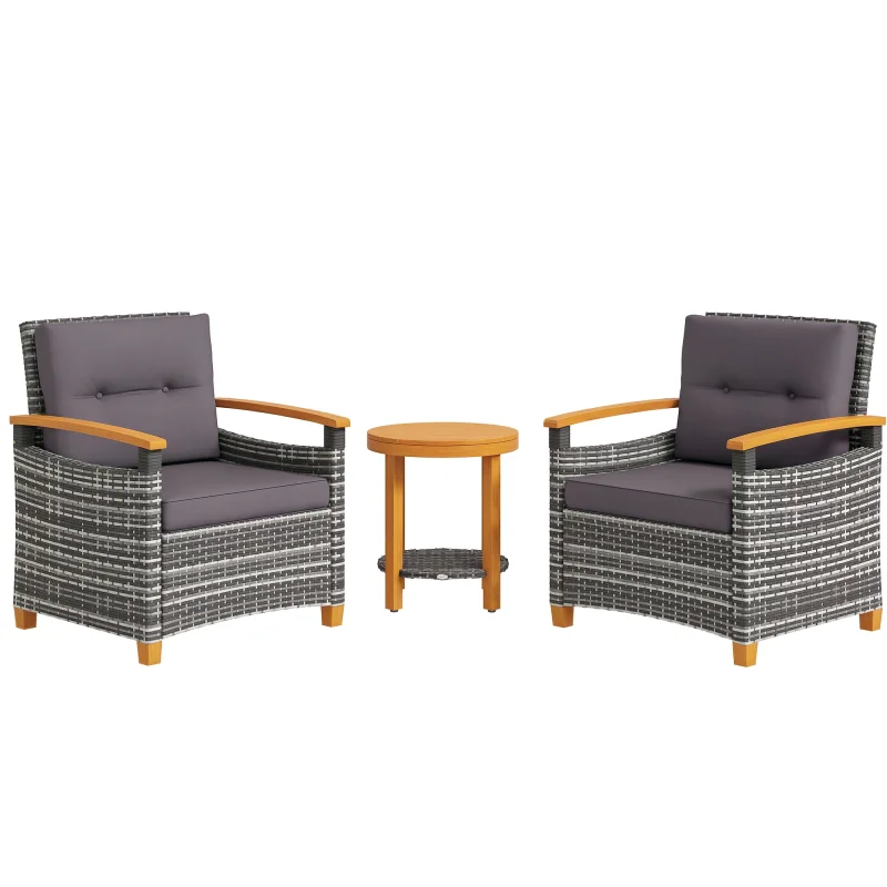 Outdoor Bistro Set Wicker Patio Furniture with Cushions for Porch, Backyard, Garden, Gray