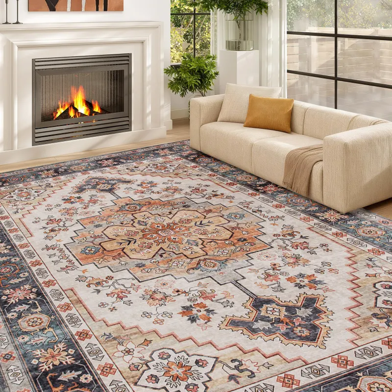 Area Rug 5x7, Machine Washable Rug, Non-Slip Boho Print Pattern Medallion Carpet for Living Room, Bedroom, Tawny Brown