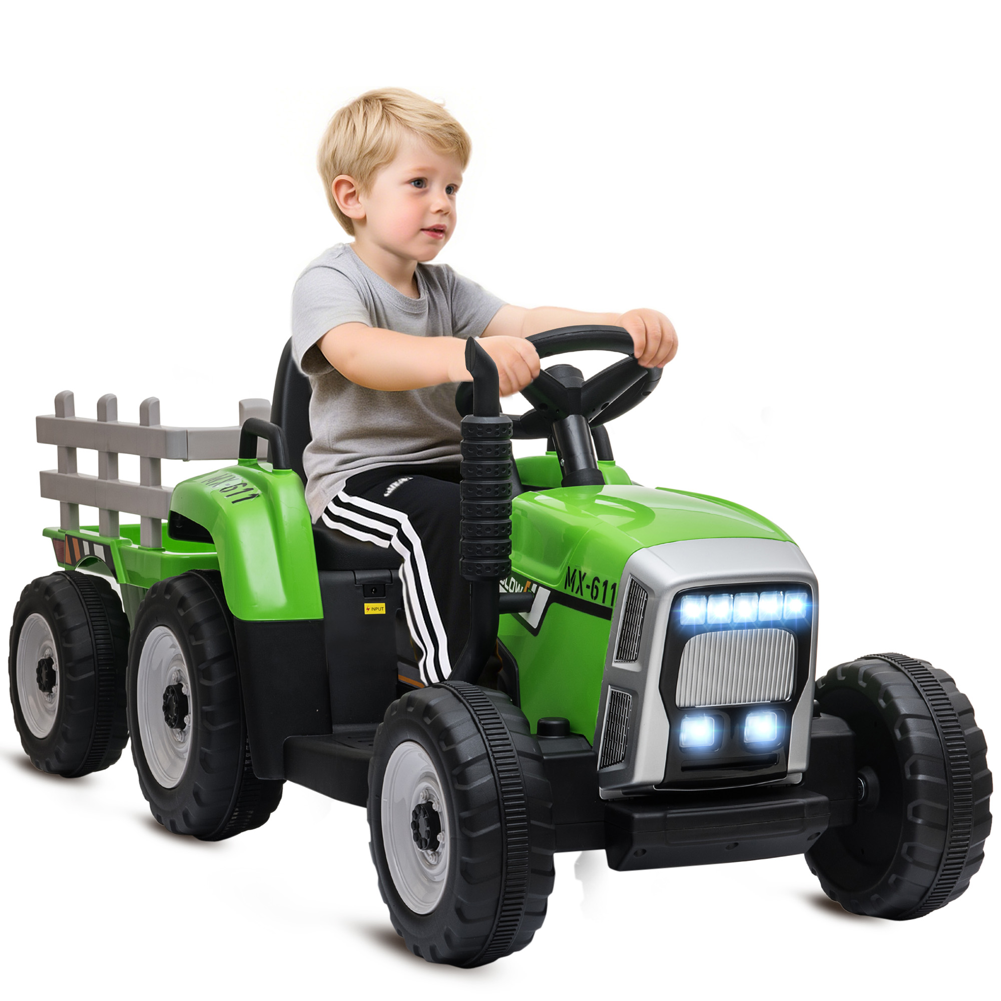  12V Ride on Tractor with Trailer, 25W Dual Motors, Battery Powered Electric Tractor with Remote Control, Music Startup Sound and Horn, LED Lights, Green