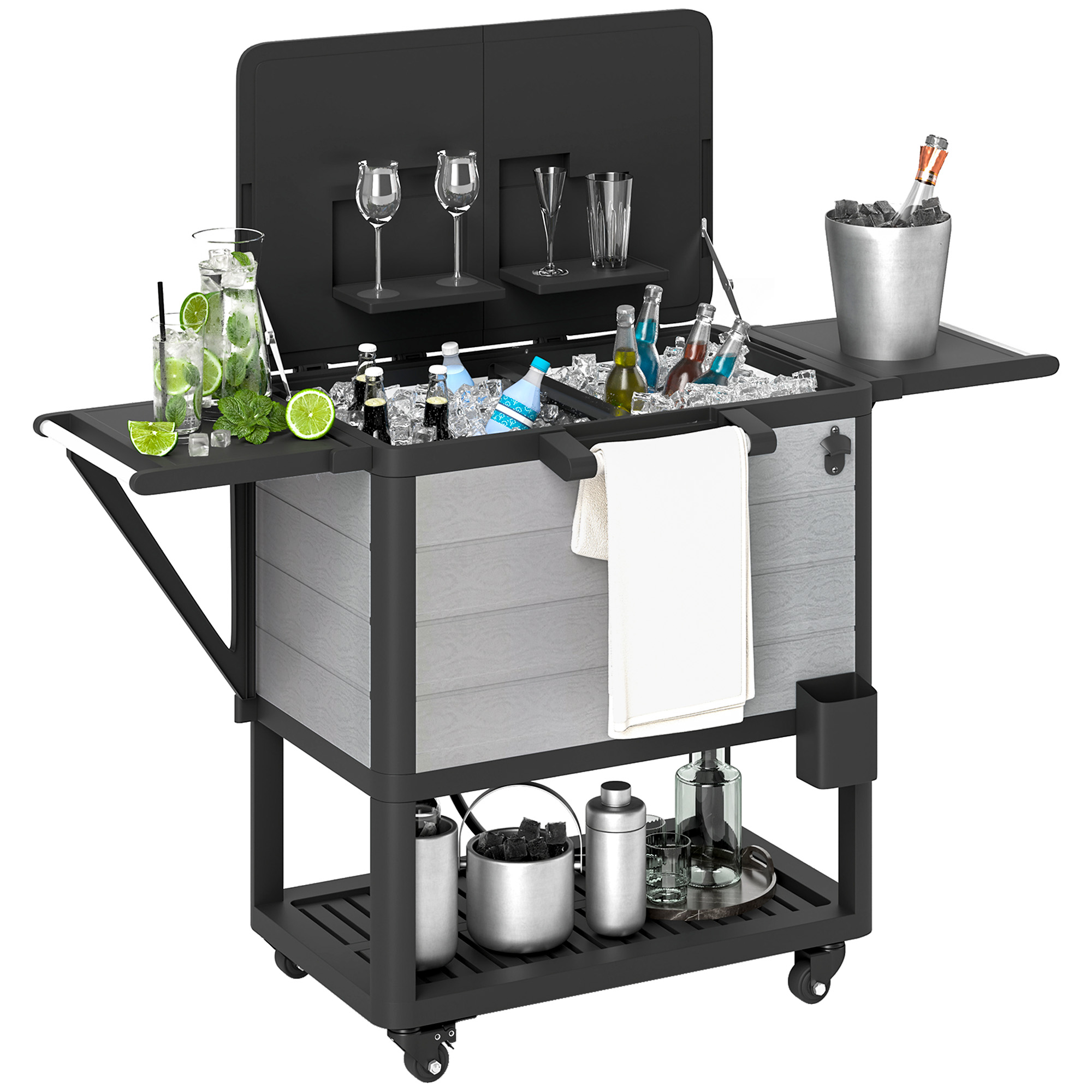 104 Quart Large Capacity Outdoor Cooler Cart, Patio Rolling Ice Chest with Bottle Opener Shelves Wheels, Gray