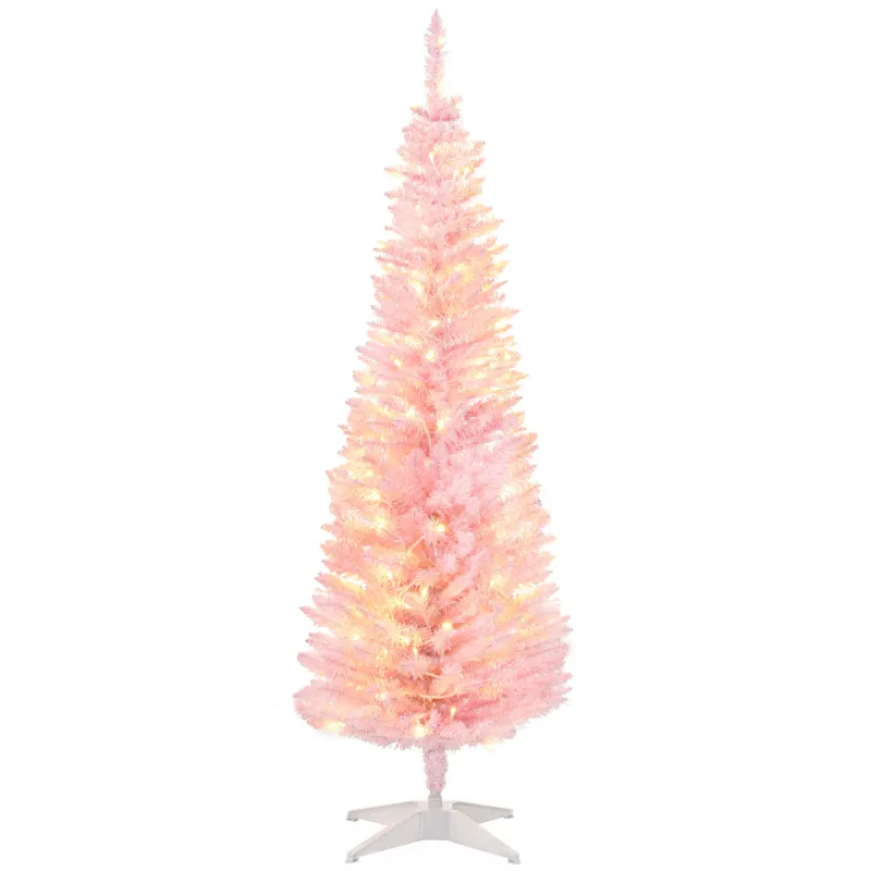 5ft Pencil Christmas Tree, Slim Artificial Christmas Tree with Realistic Branches and Warm White LED Lights, Pink