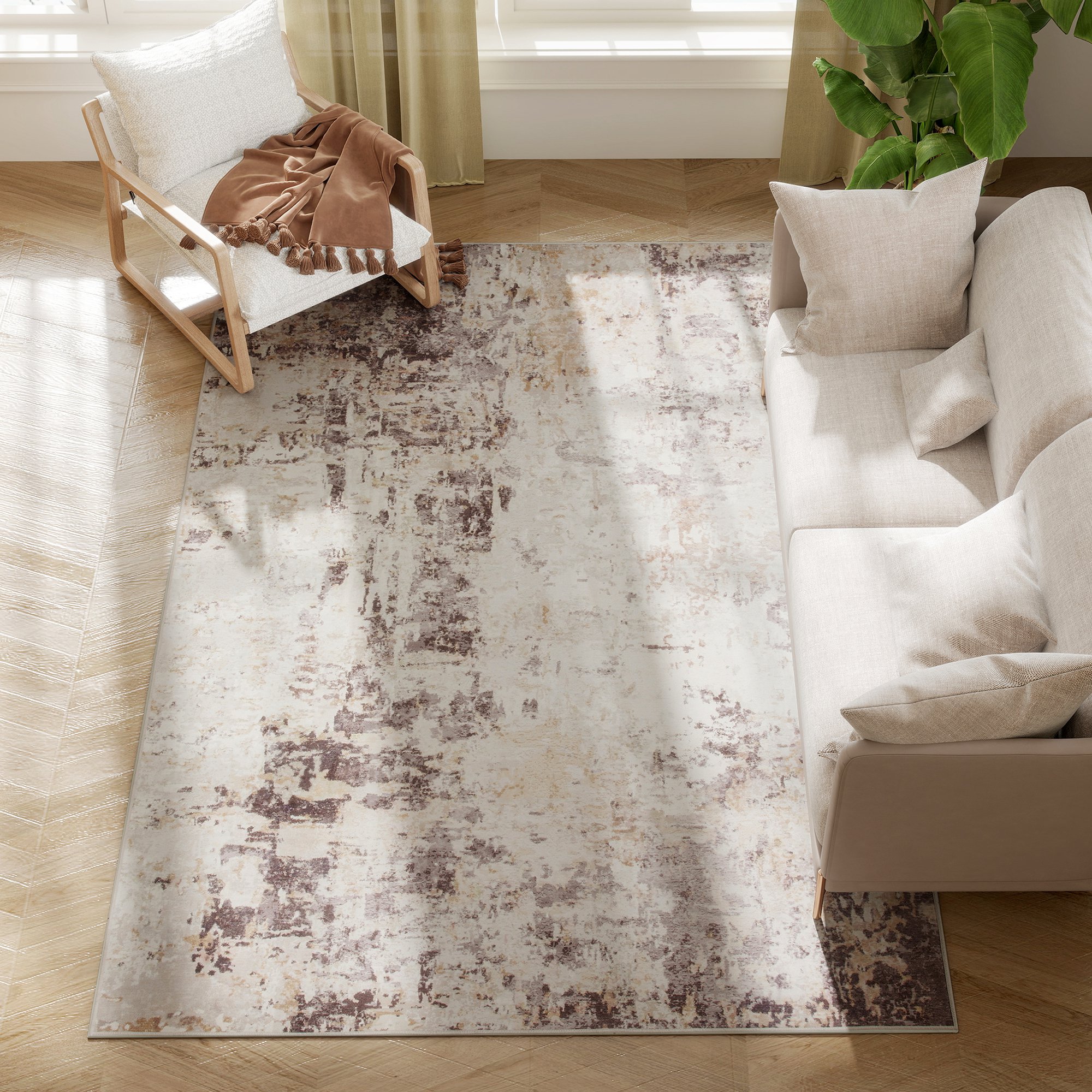 Machine Washable Area Rug 5x7, Non-Slip Modern Abstract Floor Carpet for Living Room, Bedroom, Dining Room, Mixed-Brown