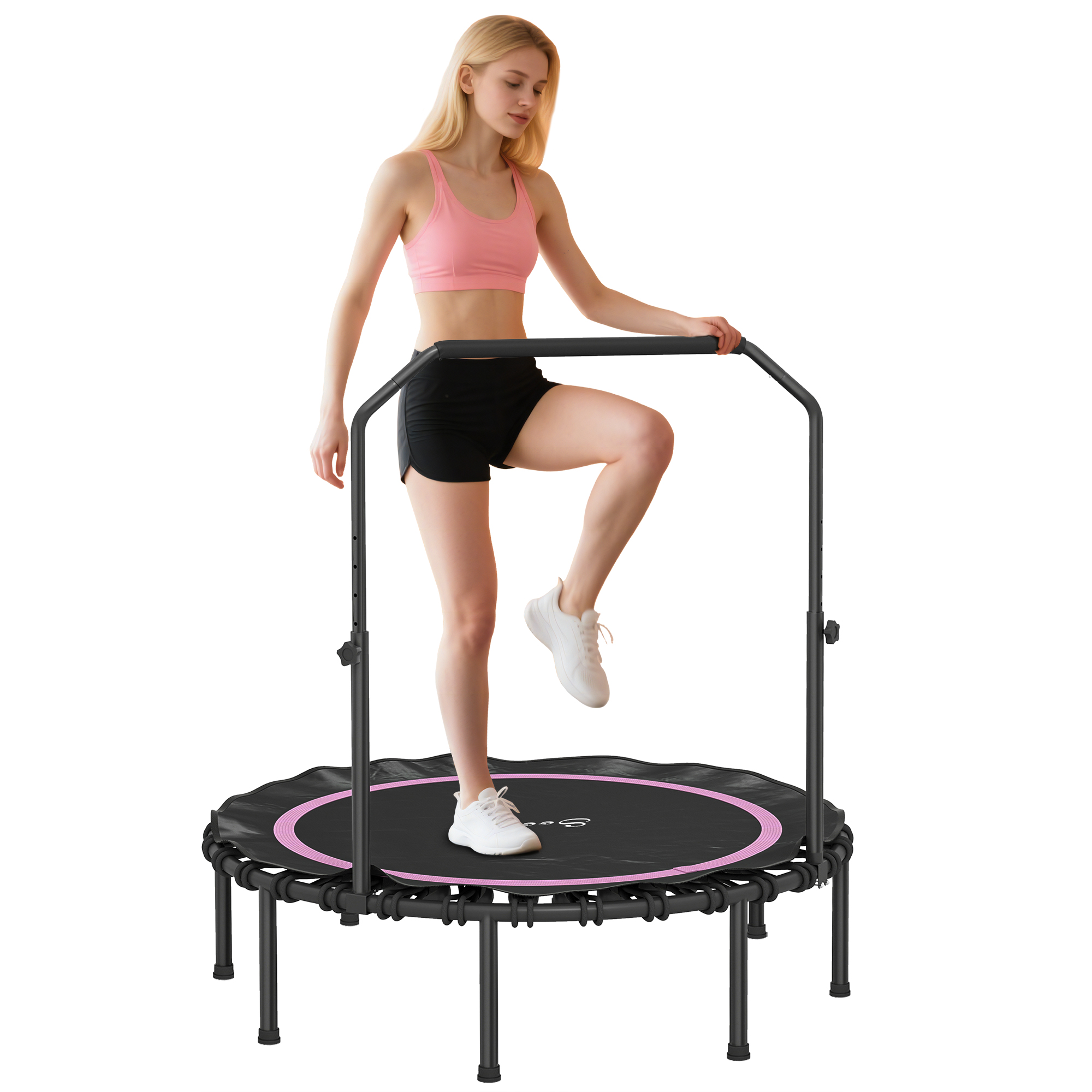 48" Rebounder Trampoline for Adults, Foldable Mini Trampoline with Adjustable Handle Bar for Indoor Outdoor, Pink