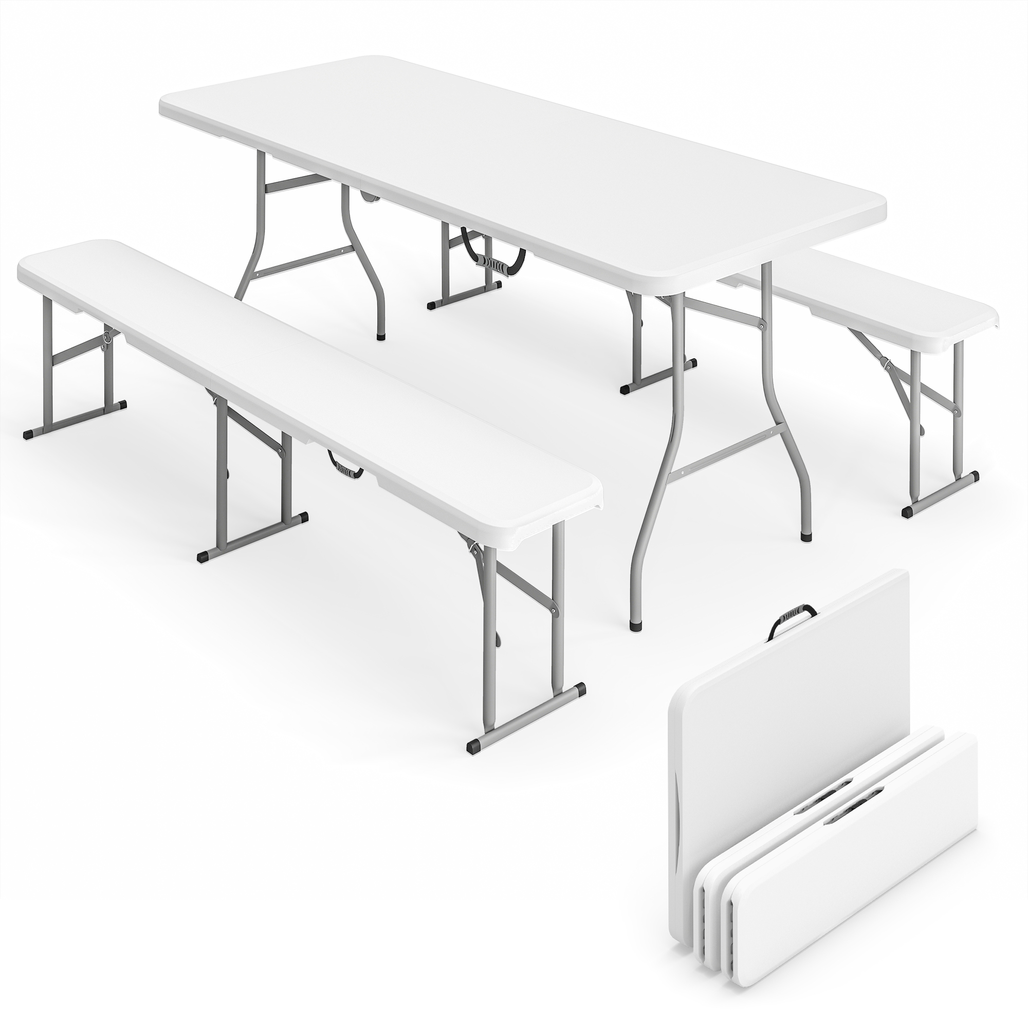 6FT 3 PCS Portable Camping Table and Chairs, Folding Picnic Table Bench Set with Carrying Handles for BBQ, Party, White
