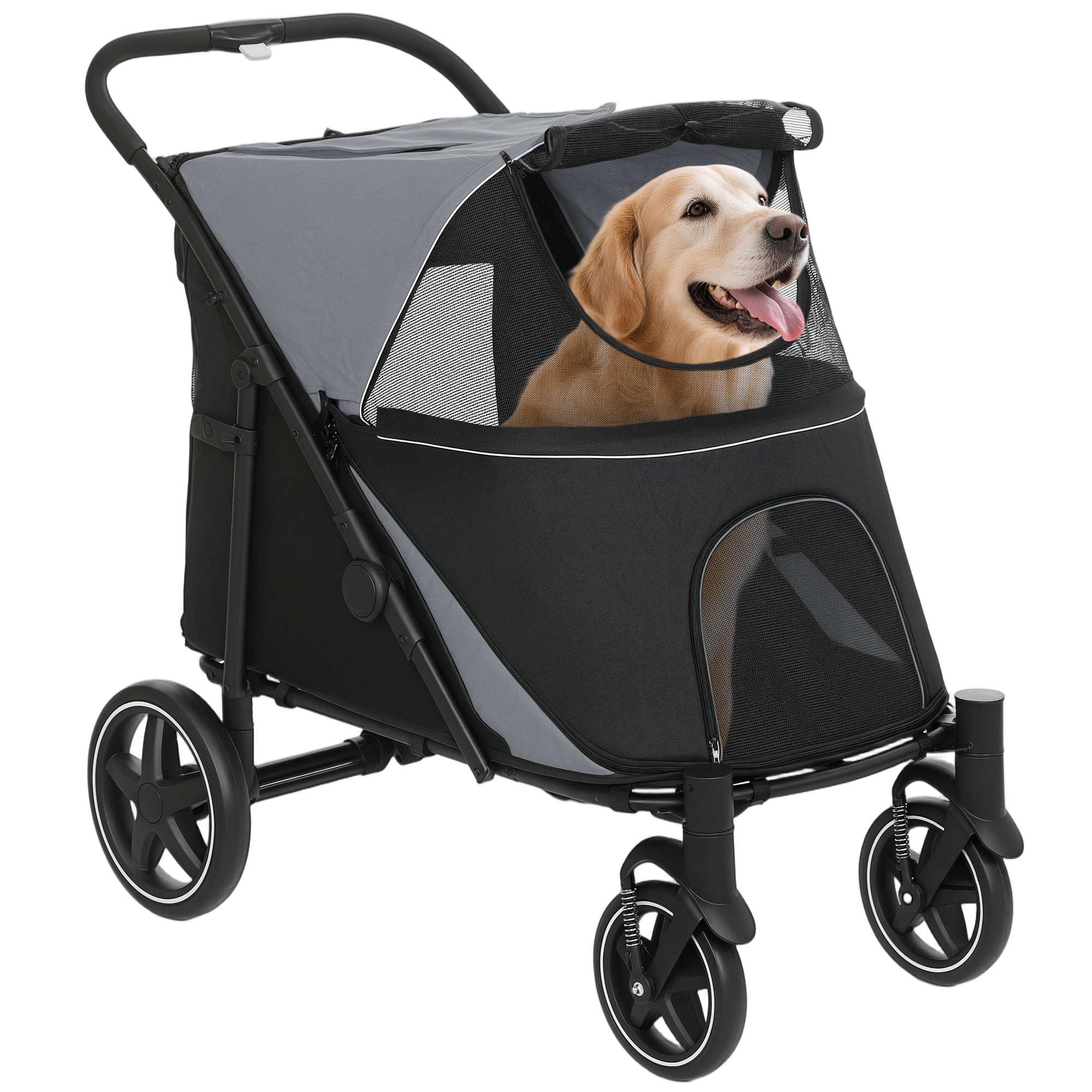 Dog Stroller for Large Medium Small Dogs up to 66 Lbs. 23.5" in Body Length, One-Click Foldable Pet Cat Stroller with Storage, Shock Absorption Wheels, Mesh Window, Safety Leash, Gray