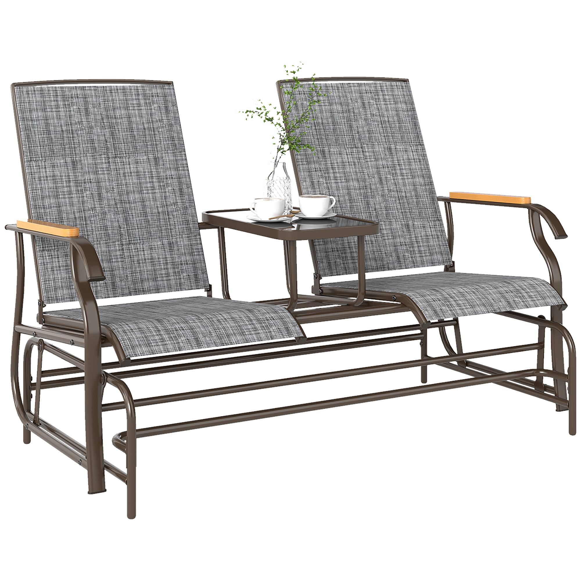 Outdoor 2-Person Glider Bench, Outside Glider Swing Chair Loveseat with Table, Steel Frame, Gray